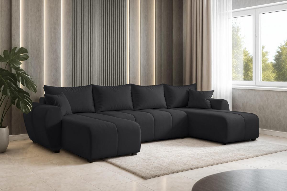 WOHNLANDSCHAFT Malatya U Form Schwarz 311/145/80 cm mit Schlaffunktion - Schwarz, Kunststoff/Textil (311/80/145cm) - AX Living