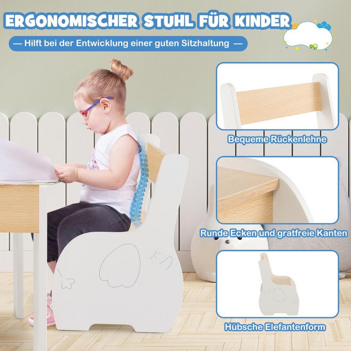 KINDERTISCH mit Stuhl weiß(3-tlg) - Weiß/Naturfarben, Holzwerkstoff (63.5/48/61.5cm) - COSTWAY