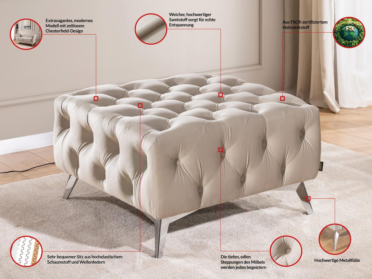 HOCKER Chesterfield Whitby Beige Samt mit silbernen Füßen - Beige/Silberfarben, Holz/Textil (80/45/80cm) - S-Style Möbel