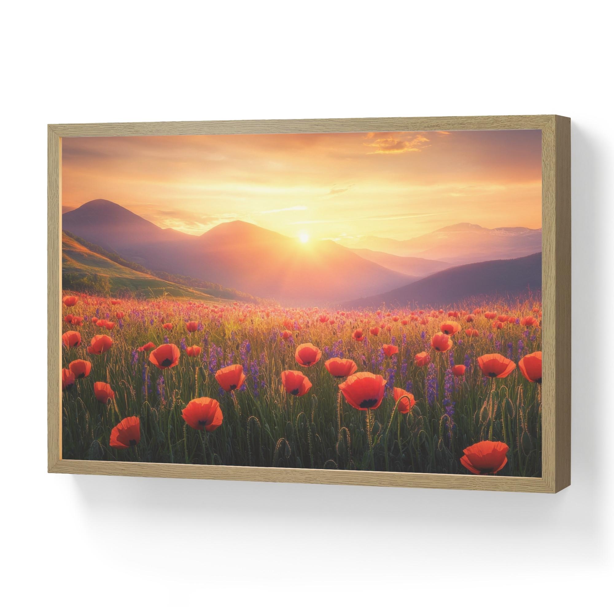 WANDLEUCHTE MIT AKKU Landschaft - Sonnenuntergang - Blumenfeld 60x40 cm - Rot, Holzwerkstoff (60/40/8cm) - OnlyWow
