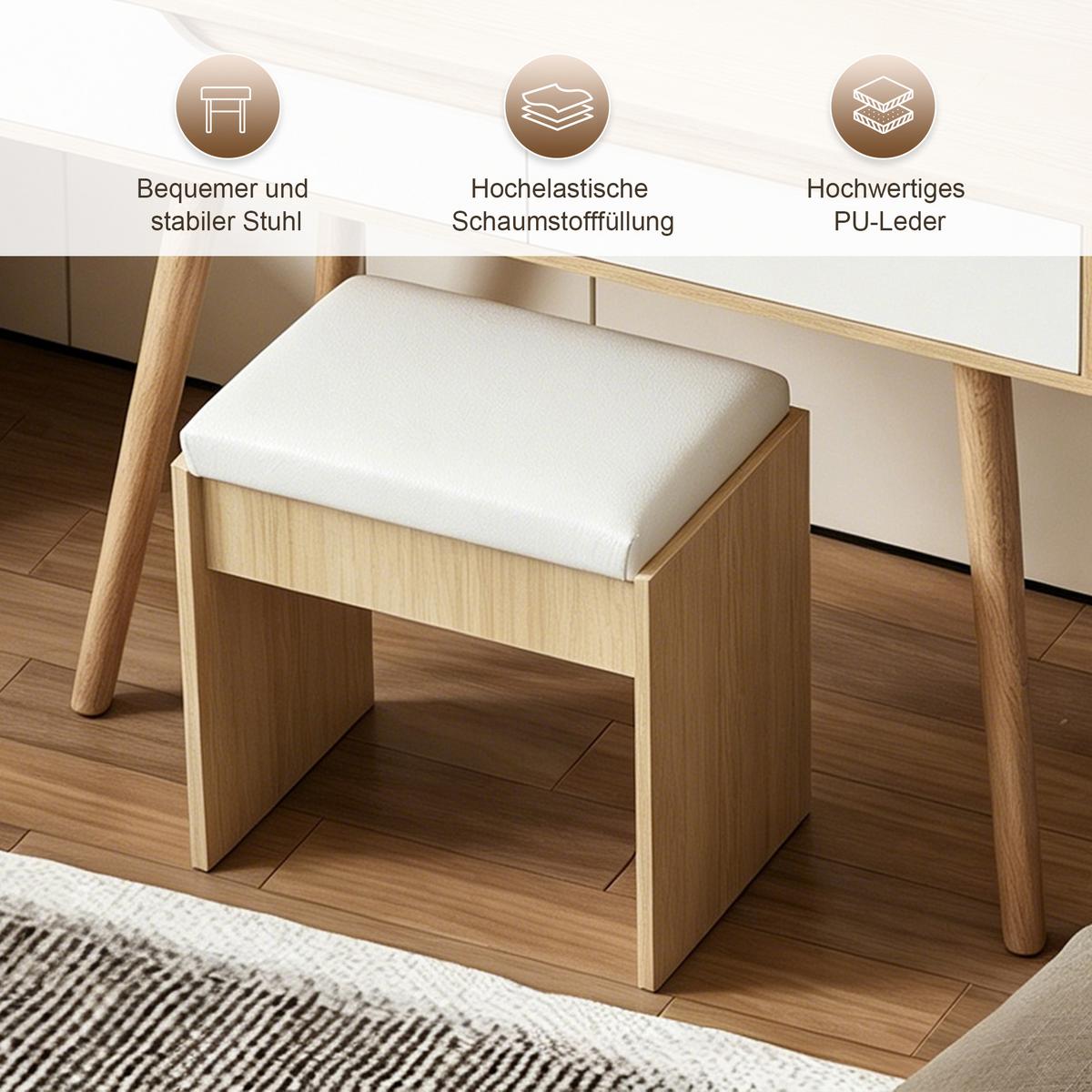 SCHMINKTISCH-SET in Holzoptik mit Weiß, LED-Spiegel, Hocker und 4 Schubladen - Naturfarben, Holzwerkstoff (80/135/40cm) - Urban Meuble