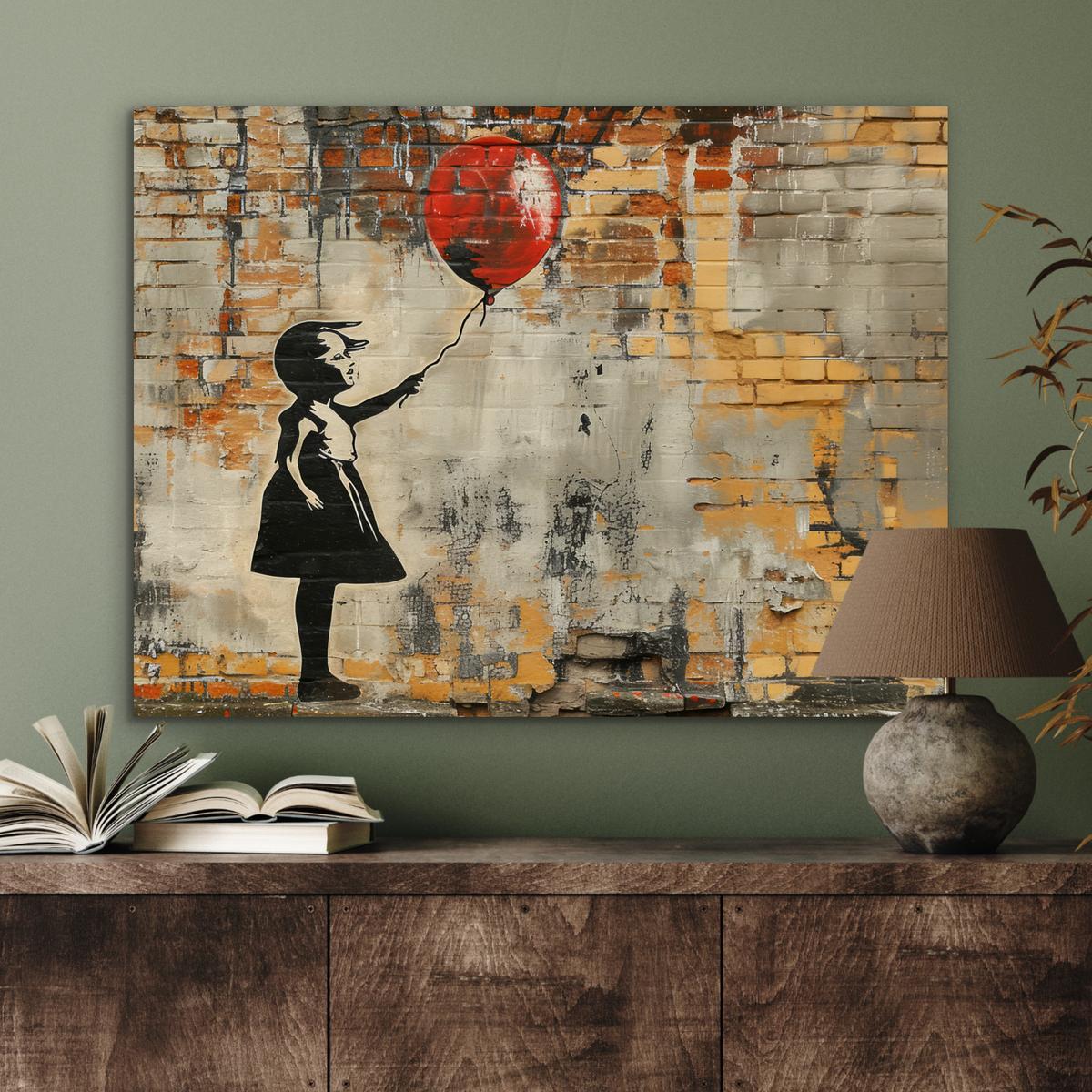 METALLBILD Graffiti - Banksy - Mädchen - Straßenkunst 80x60 cm - Sandfarben, Metall (80/60cm) - MuchoWow