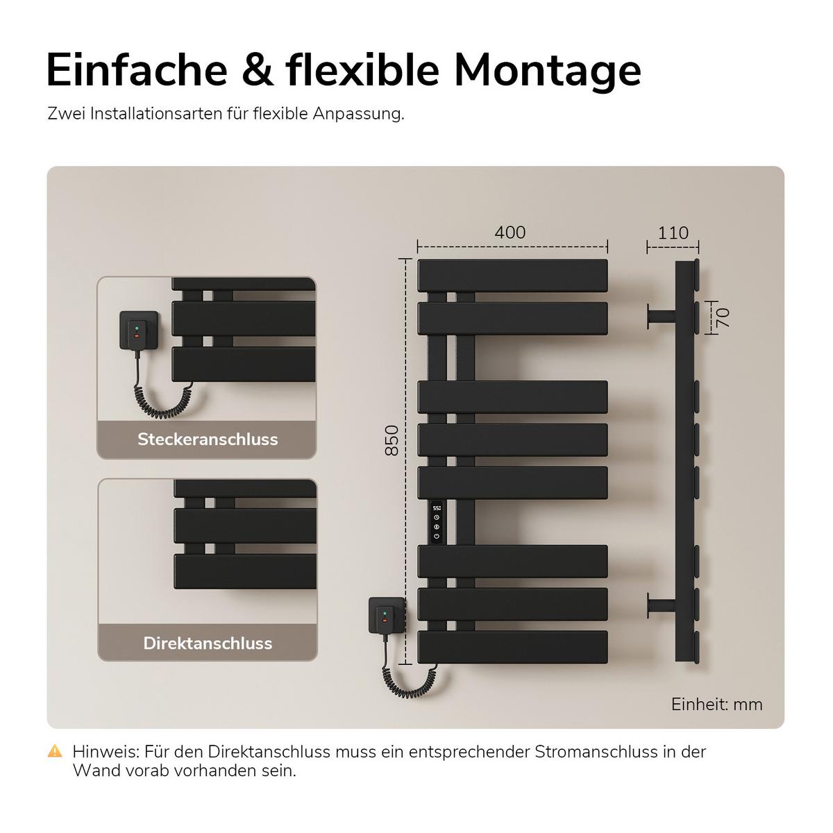 HEIZKÖRPER Elektrisch 80 x 40 cm mit App- und Sprachsteuerung Schwarz - Schwarz, Metall (40/85/11cm) - EMKE