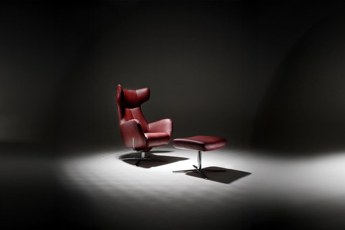 DREHSESSEL INKL. HOCKER RANDY Rot Leder Drehbar (180°) - Rot/Silberfarben, Leder (79/117/96cm) - KAWOLA
