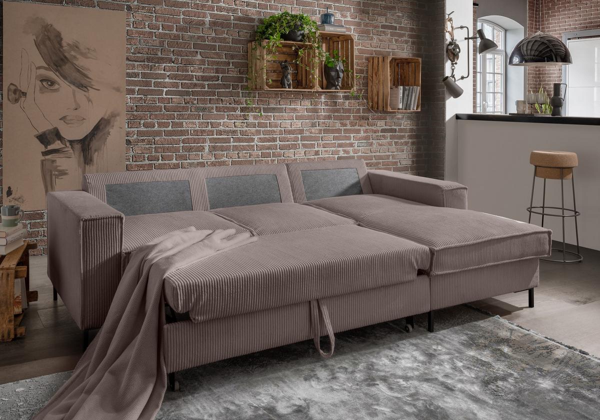 ECKSOFA mit Schlaffunktion, Bettkasten, Wellenunterfederung, Récamiere rechts B240/T150/H92 cm, Liegefl. 125x198 cm, Cord Braun Taupe / 17222 - Schwarz/Braun, Textil/Metall (240/150cm) - luma-home