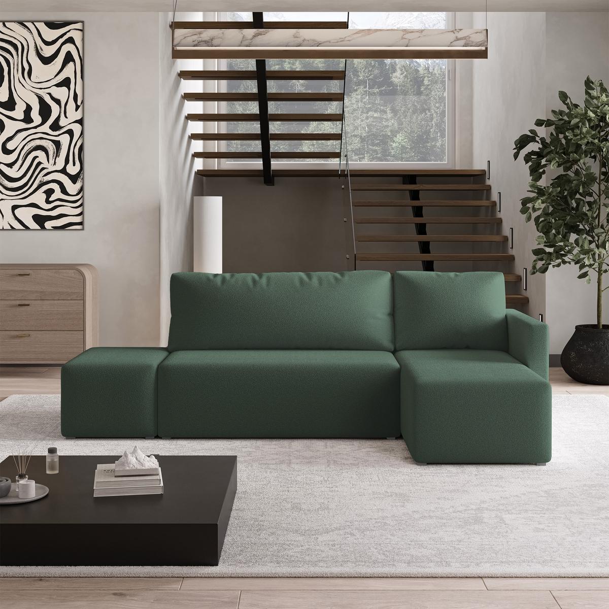 ECKSOFA VELOTTI R-S Grün Boucle-Stoff mit Schlaffunktion - Grün, Holz (261/143cm) - MASSENO