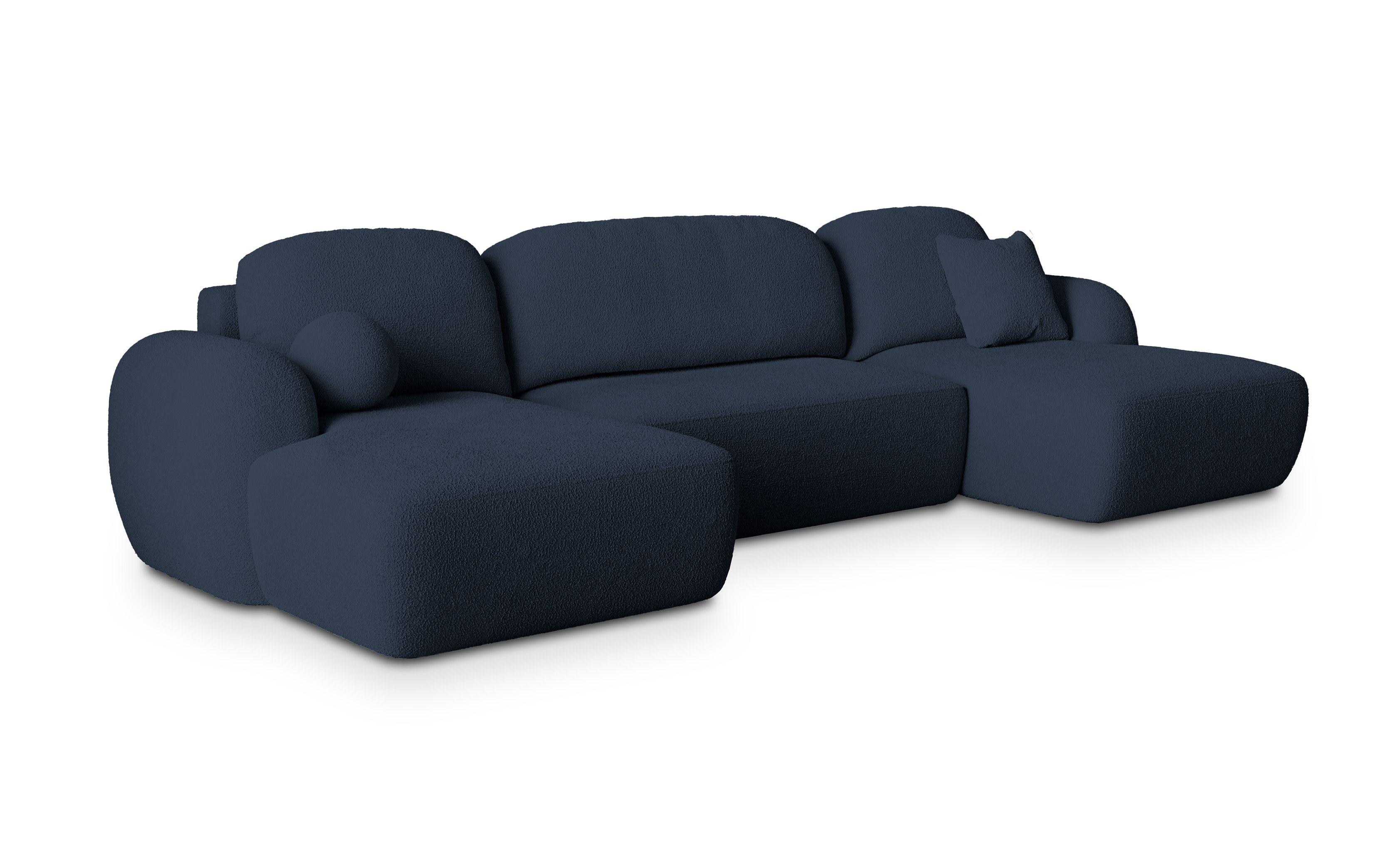 WOHNLANDSCHAFT SAVONA N Blau Boucle-Stoff mit Schlaffunktion - Blau/Schwarz, Holz/Kunststoff (320/90/148cm) - MASSENO