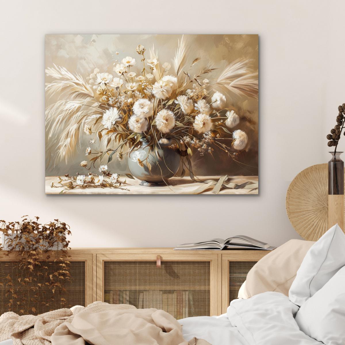 METALLBILD Blumen - Vase - Stilleben - Beige 80x60 cm - Creme, Metall (80/60cm) - MuchoWow