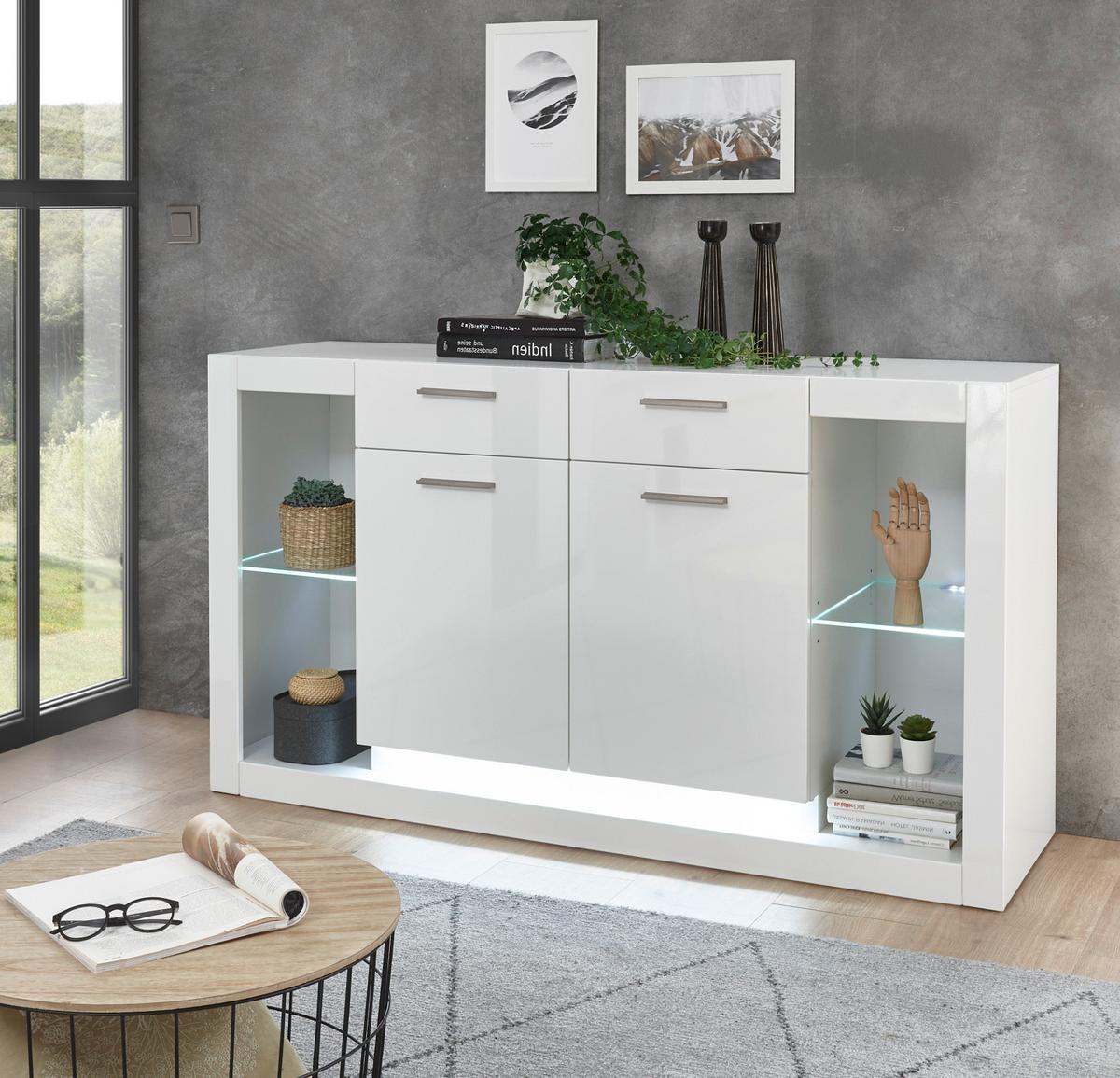 SIDEBOARD weiß Hochglanz 150 cm, Kommode mit viel Stauraum - Weiß Hochglanz/Silberfarben, Glas/Holzwerkstoff (150/83/43cm) - Furn.Design