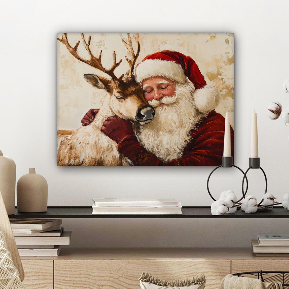 LEINWANDBILD Weihnachtsmann - Rentier - Weihnachten Wandbild 40x30 cm - Rotbraun, Textil (40/30cm) - MuchoWow