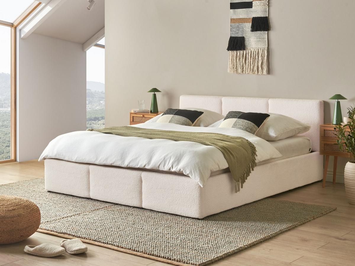 BETT mit Stauraum 160/200 cm Bouclé Cremeweiß Bousse - Creme, Textil (160/200cm) - Beliani