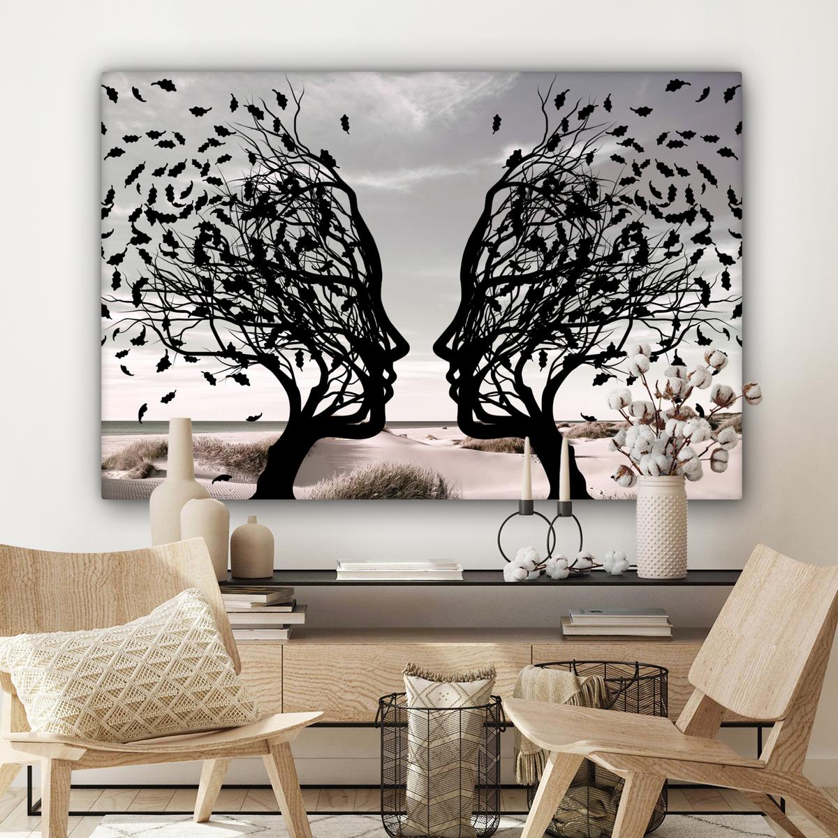 LEINWANDBILD Strand - Meer - Menschen - Baum - Moderne Kunst XXL 150x100 cm - Hellgrau, Textil (150/100cm) - MuchoWow