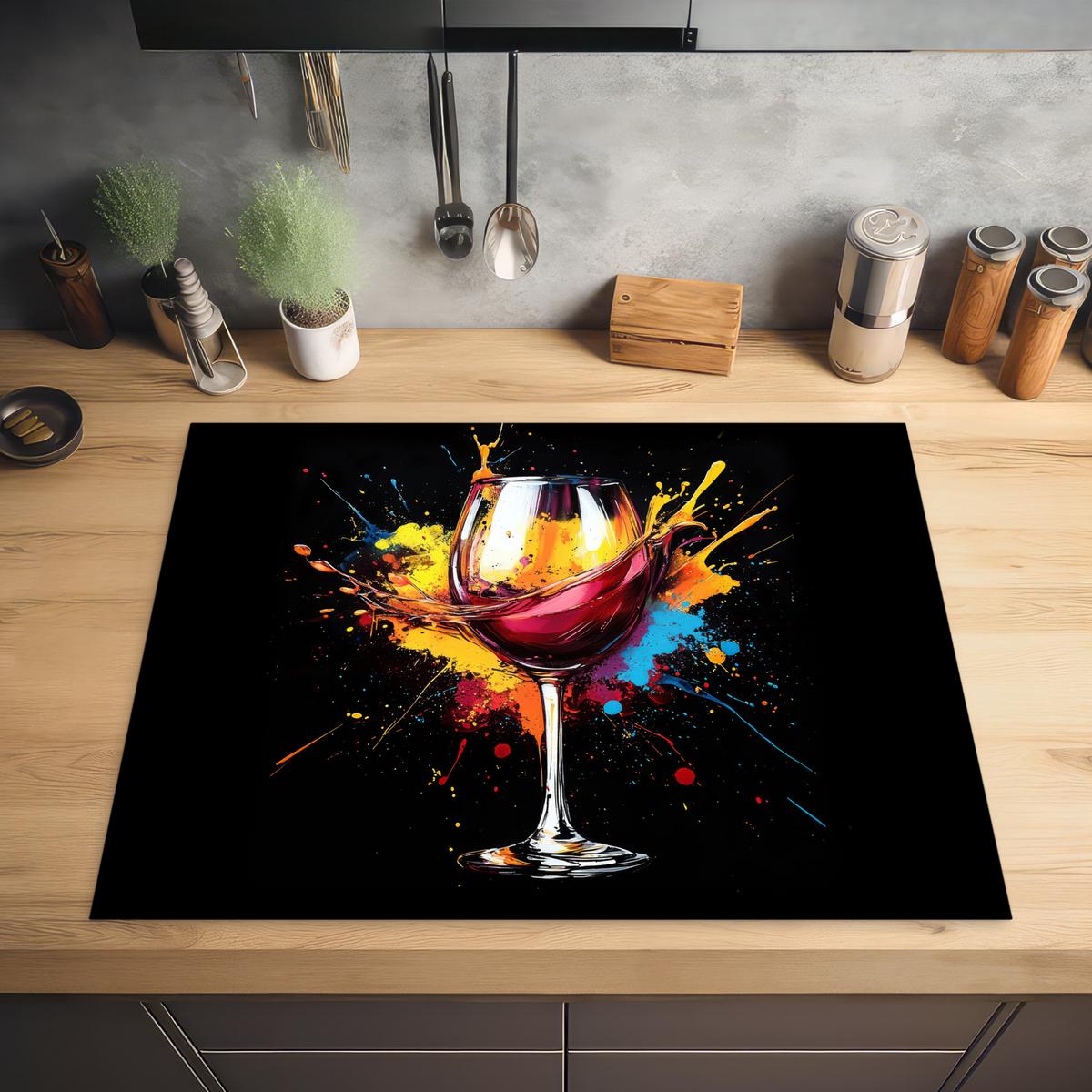 HERDABDECKPLATTE Wein - Glas - Graffiti - Getränk - Rot - Farbe Induktionsmatte 77x59 cm - Weinrot, Kunststoff (77/59/0.2cm) - MuchoWow