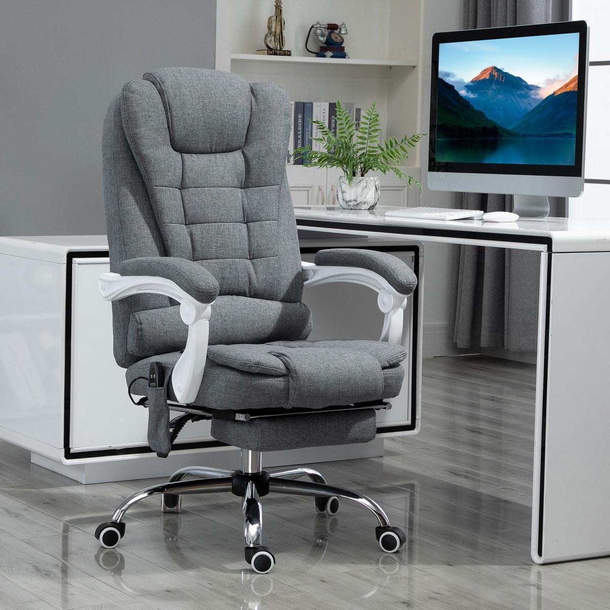 CHEFSESSEL mit Massagefunktion, Ergonomischer Schreibtischstuhl mit Liegefunktion - Silberfarben/Grau, Kunststoff/Textil (70/119/65cm) - Vinsetto