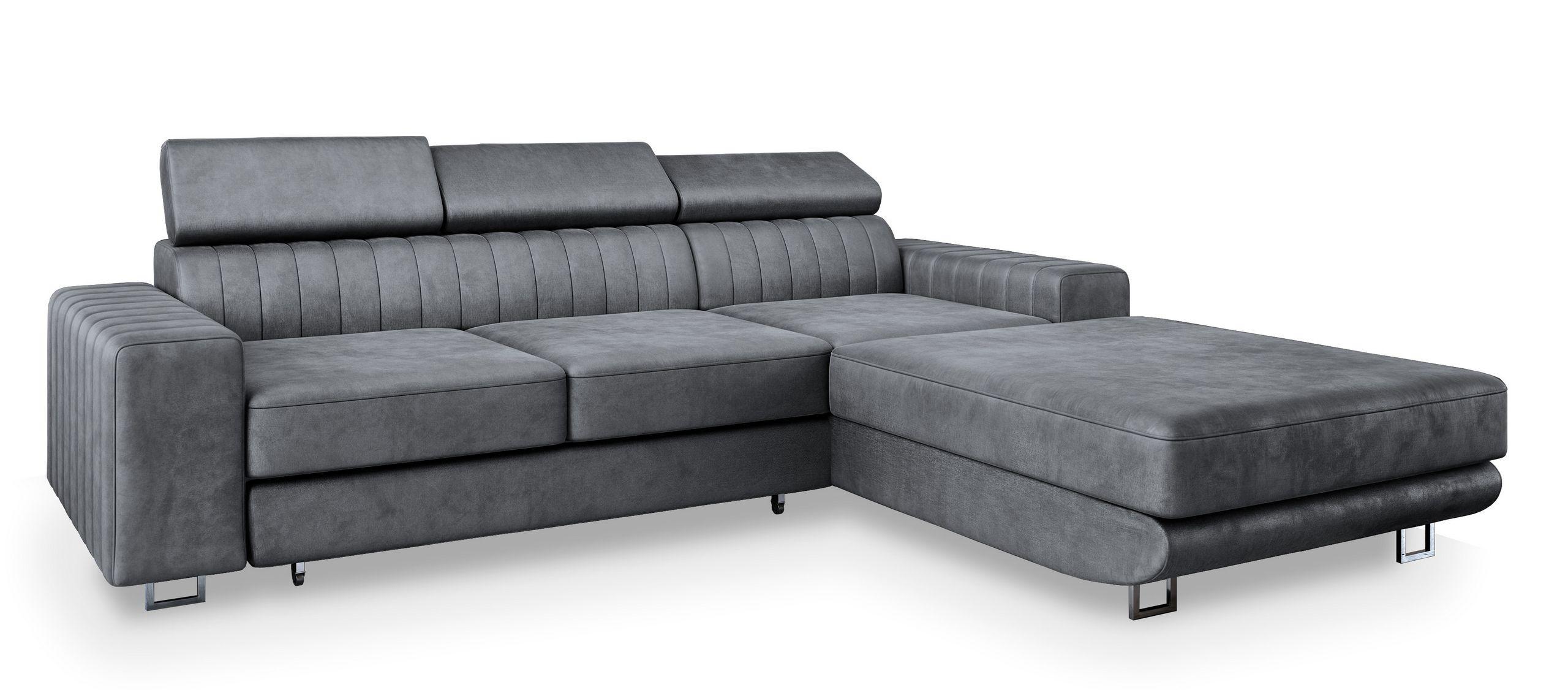 ECKSOFA NOTO R-S Grau Velours-Stoff mit Schlaffunktion - Silberfarben/Grau, Holz/Textil (267/190cm) - MASSENO