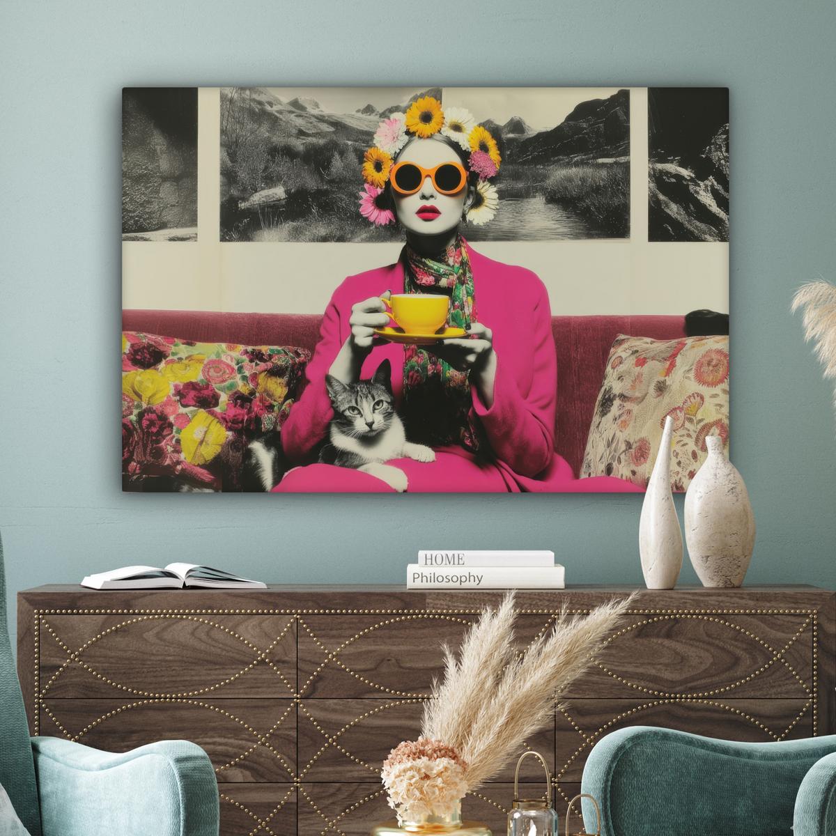 LEINWANDBILD Frau - Katze - Blumen - Tasse - Retro Groß 140x90 cm - Magenta, Textil (140/90cm) - MuchoWow