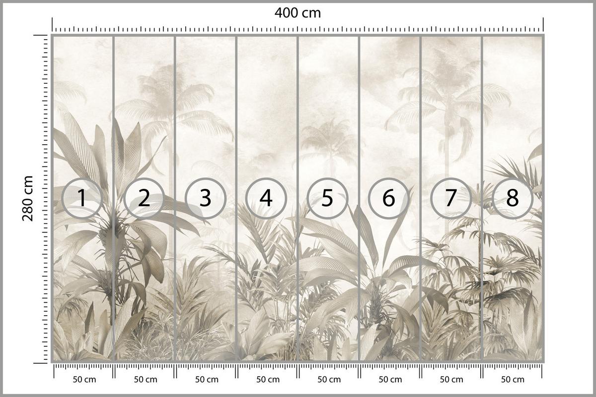 FOTOTAPETE für Wohnzimmer Vintage Tropischer Wald Palmen Blätter 400x280 - Beige/Grau, Papier (400/280cm) - Muralo