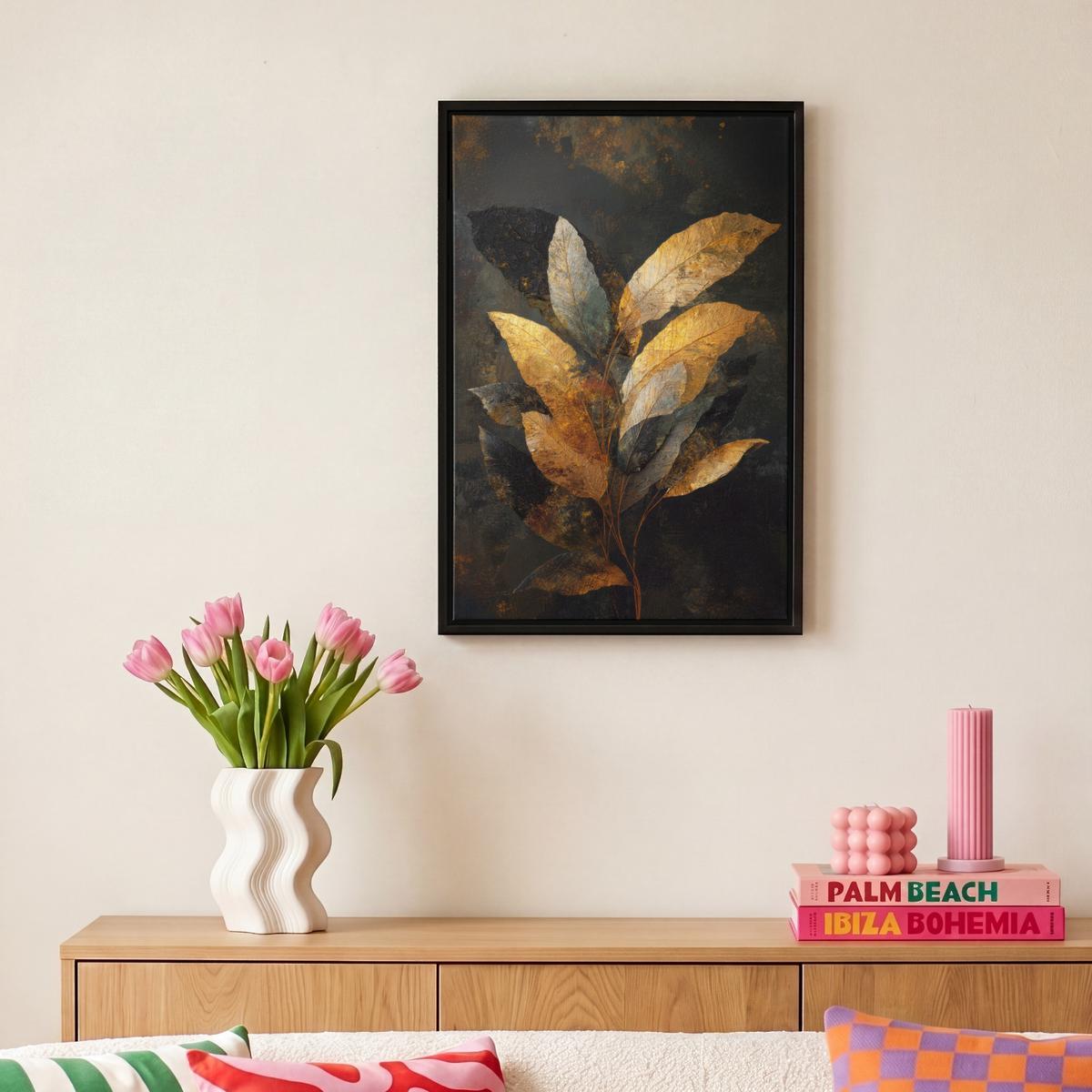 LEINWAND Bilder mit Rahmen - Golden Leaf Komposition - Botanical Luxury - 20x30 - Goldfarben, Textil (20/30cm) - MuchoWow