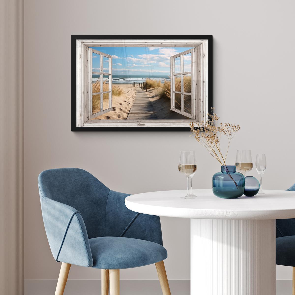 POSTER MIT RAHMENGERAHMTES BILD Fenster - Meer - Küste - Natur - Ausblick - Strand - Wattenmeer 60x40 cm - Beige, Papier (60/40cm) - MuchoWow