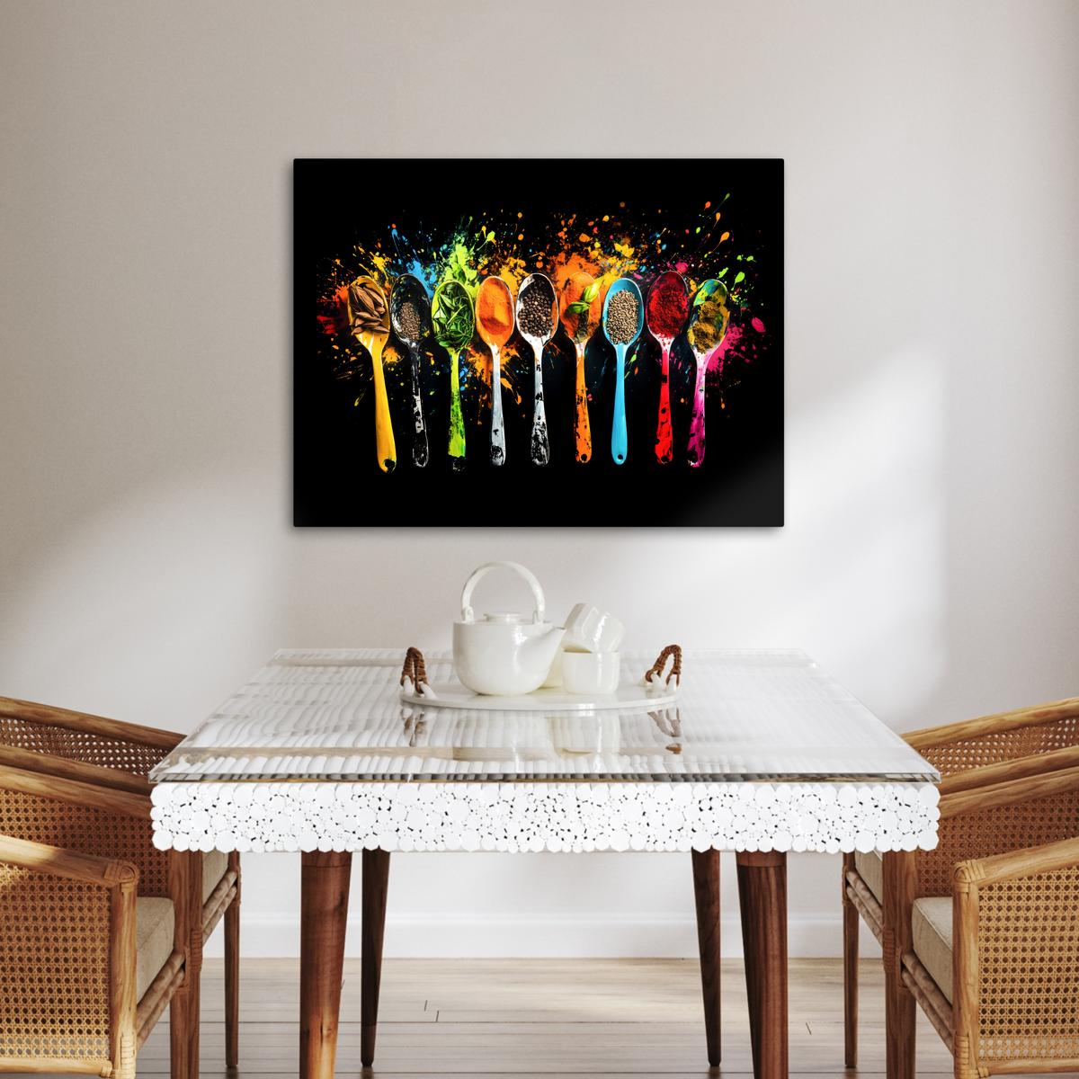 LEINWANDBILD Löffel - Gewürze - Modern - Graffiti - Farbe - Farbenfroh Wandbilder 80x60 cm - Multicolor, Textil (80/60cm) - MuchoWow