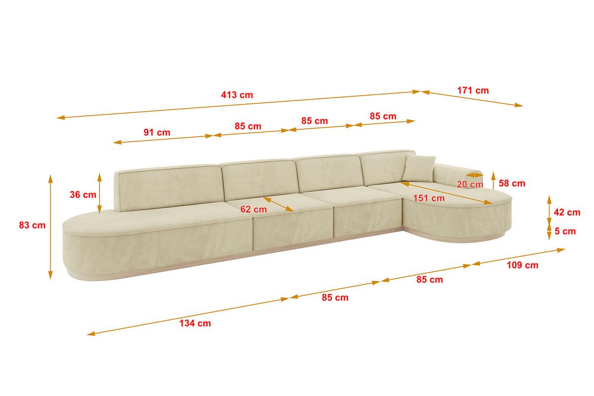 ECKSOFA Ottomane Rechts MARI-L3-v1 - 413x171x83 cm Beige Velours - Beige, Holzwerkstoff/Textil (171/413cm) - ALTDECOR