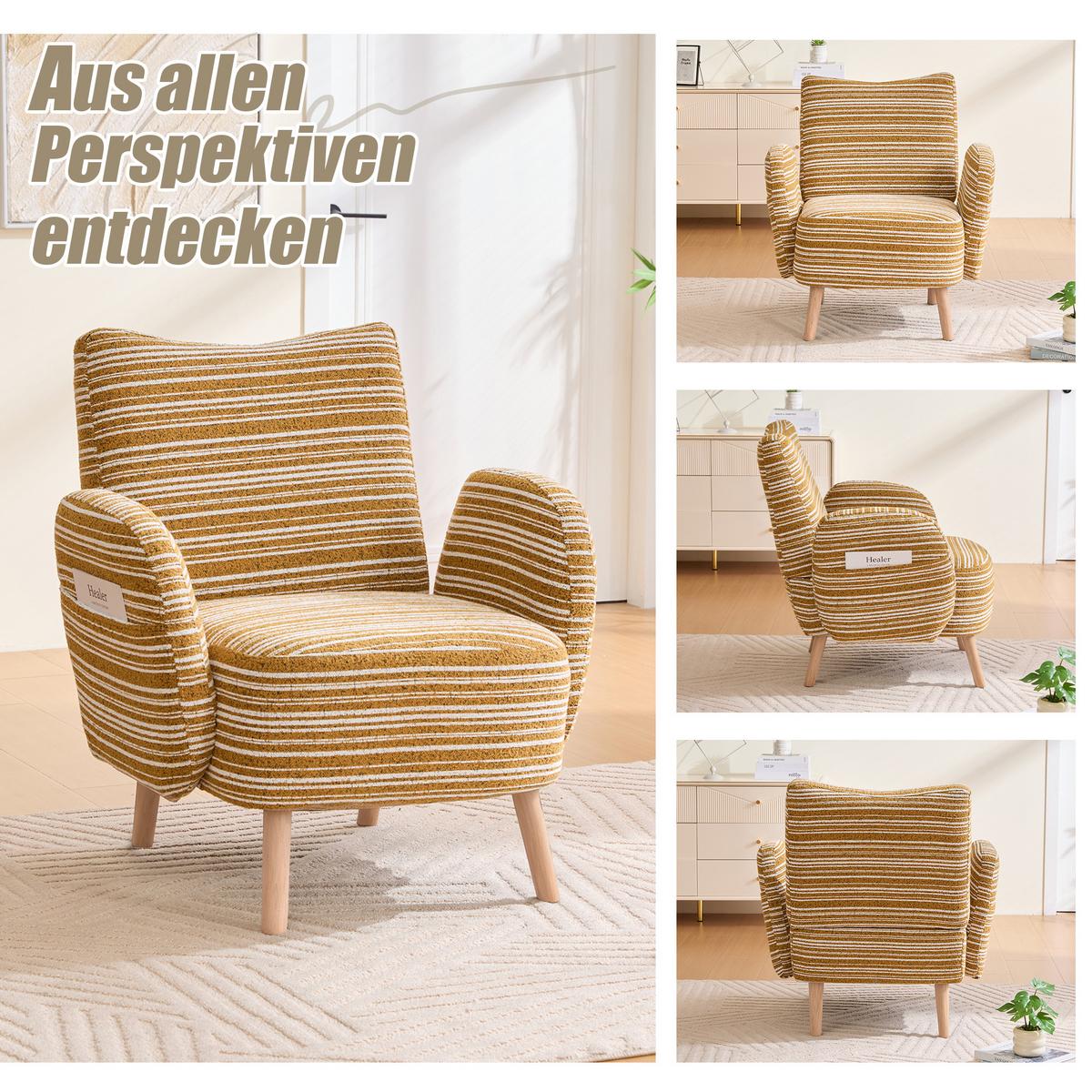 SESSEL boucle stoff gelb modern mit seitentasche holzbeine - Gelb, Textil (77/87/81cm) - Urban Meuble
