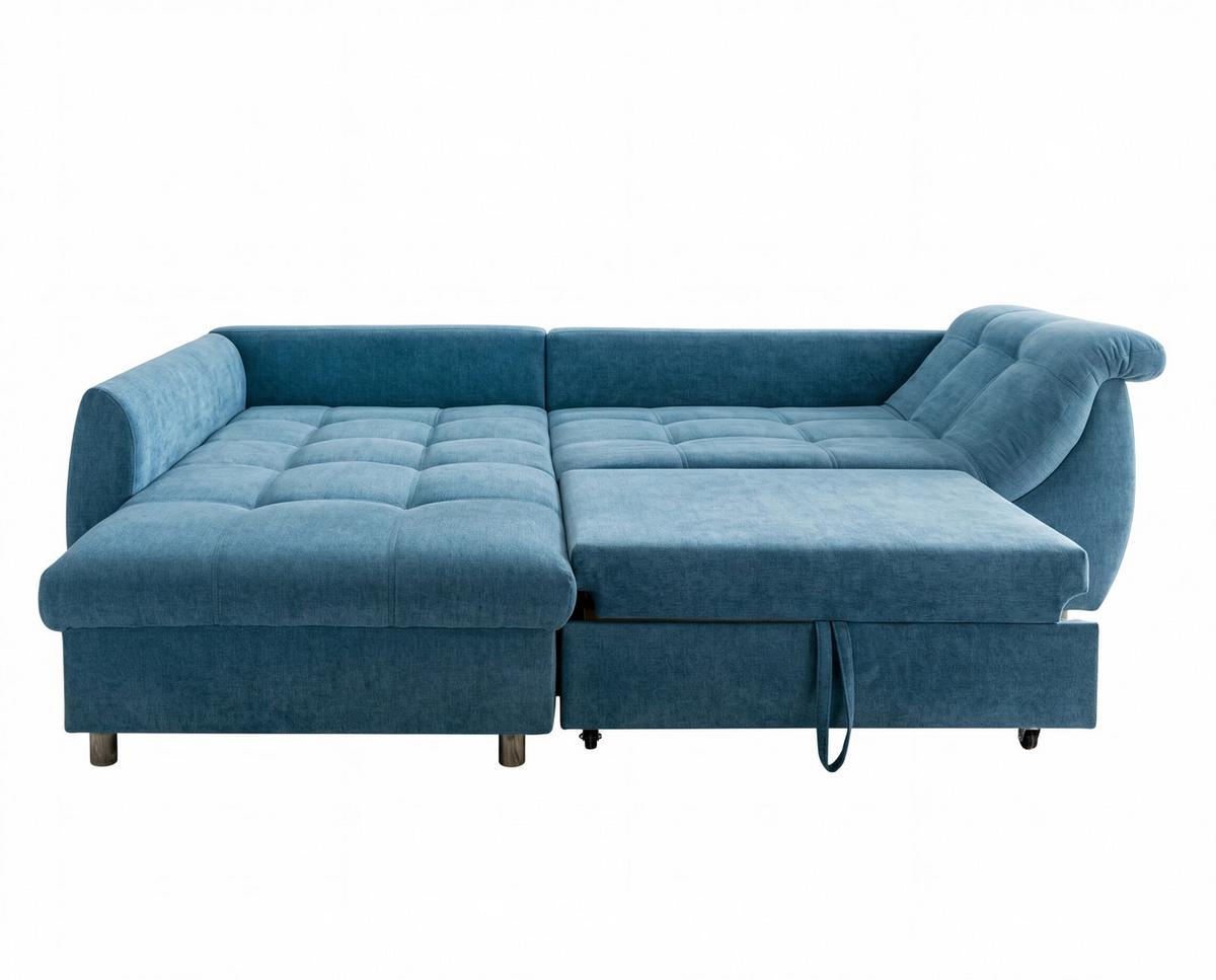 ECKSOFA mit Schlaffunktion, Bettkasten, Wellenunterfederung, Ottomane links B250/T190/H84 cm, Liegefl. 179x190 cm, Mikrofaser Blau / 17102 - Blau/Chromfarben, Textil/Metall (250/190cm) - luma-home