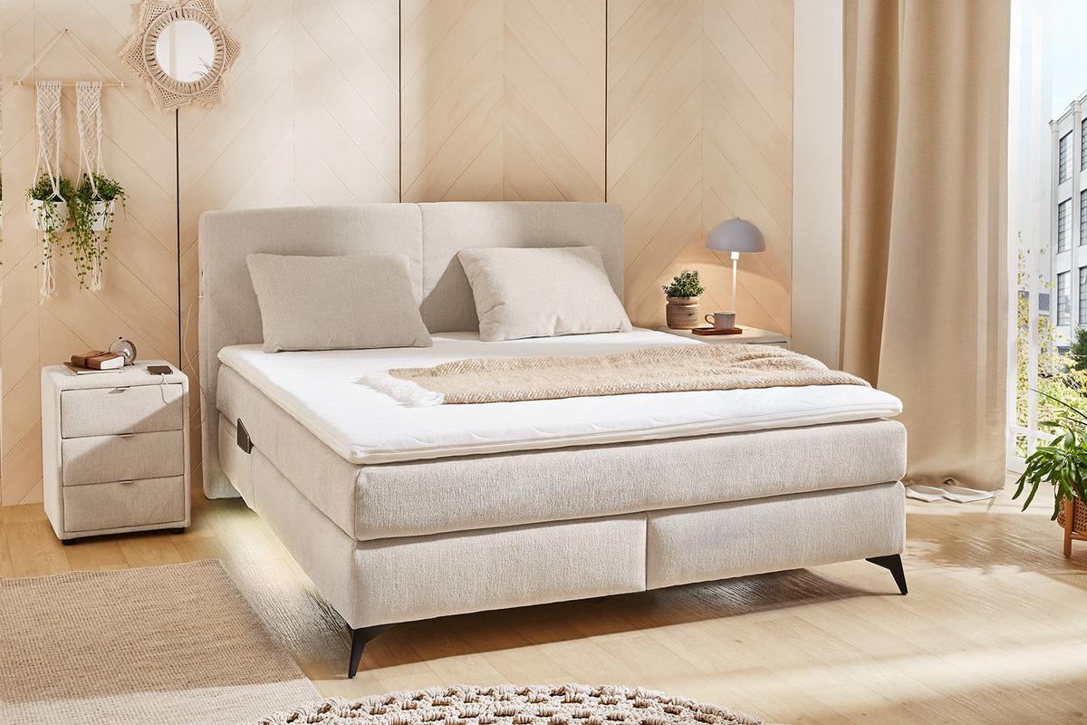 BOXSPRINGBETT 160x200 cm, 7-Zonen-Tonnentaschen-Federkernmatratzen H3, Topper, Bonell-Federkern, Beleuchtung, USB-Ladeports, Chenille Beige / 20013 - Beige/Schwarz, Textil/Metall (160/200cm) - luma-home