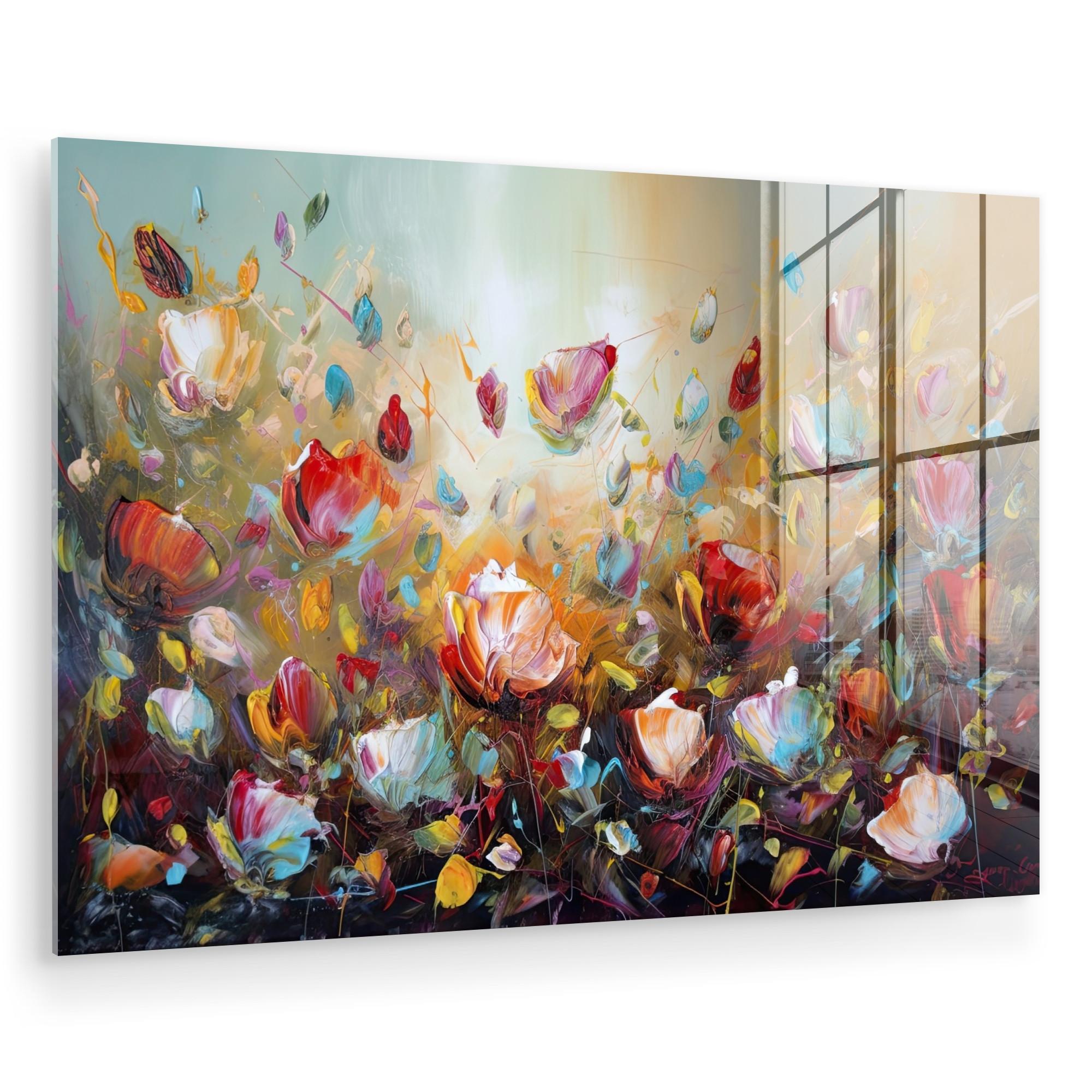 ACRYLGLASBILD Blumen - Kunst - Natur - Ölgemälde Room Decor 90x60 cm - Multicolor, Glas (90/60cm) - MuchoWow