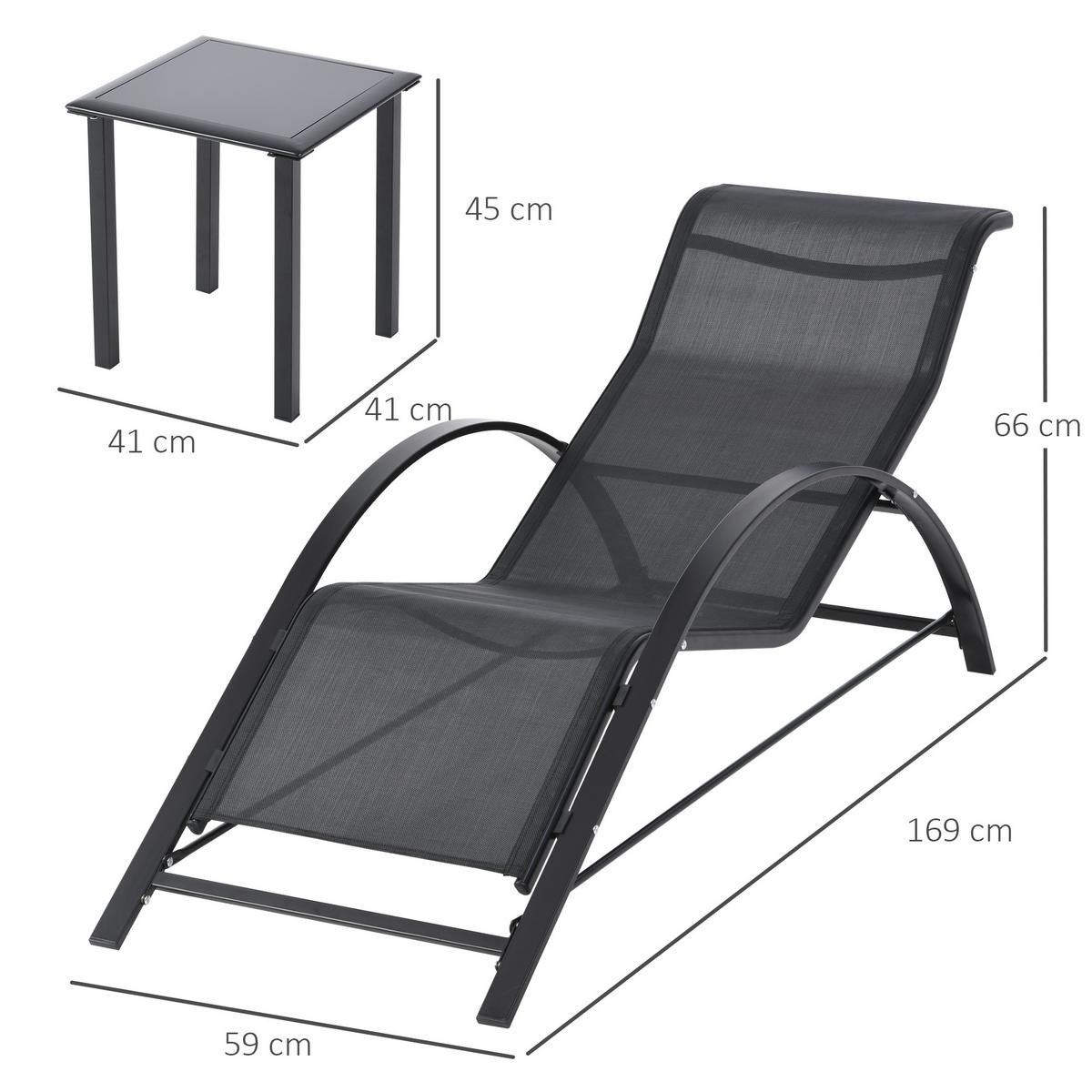 GARTENLIEGE mit Tisch, 59L x 169B x 66H cm, Metall, Mesh, Schwarz - Schwarz, Kunststoff (169/66/59cm) - Outsunny