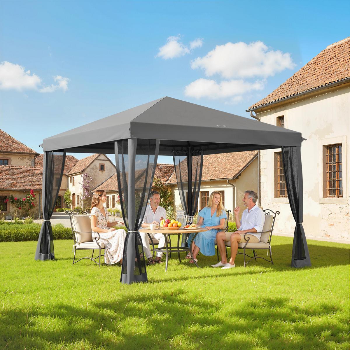 FALTPAVILLON, Cremeweiß, Metall, Oxford-Stoff, Moskitonetz - Hellgrau, Metall (295/260/295cm) - Outsunny