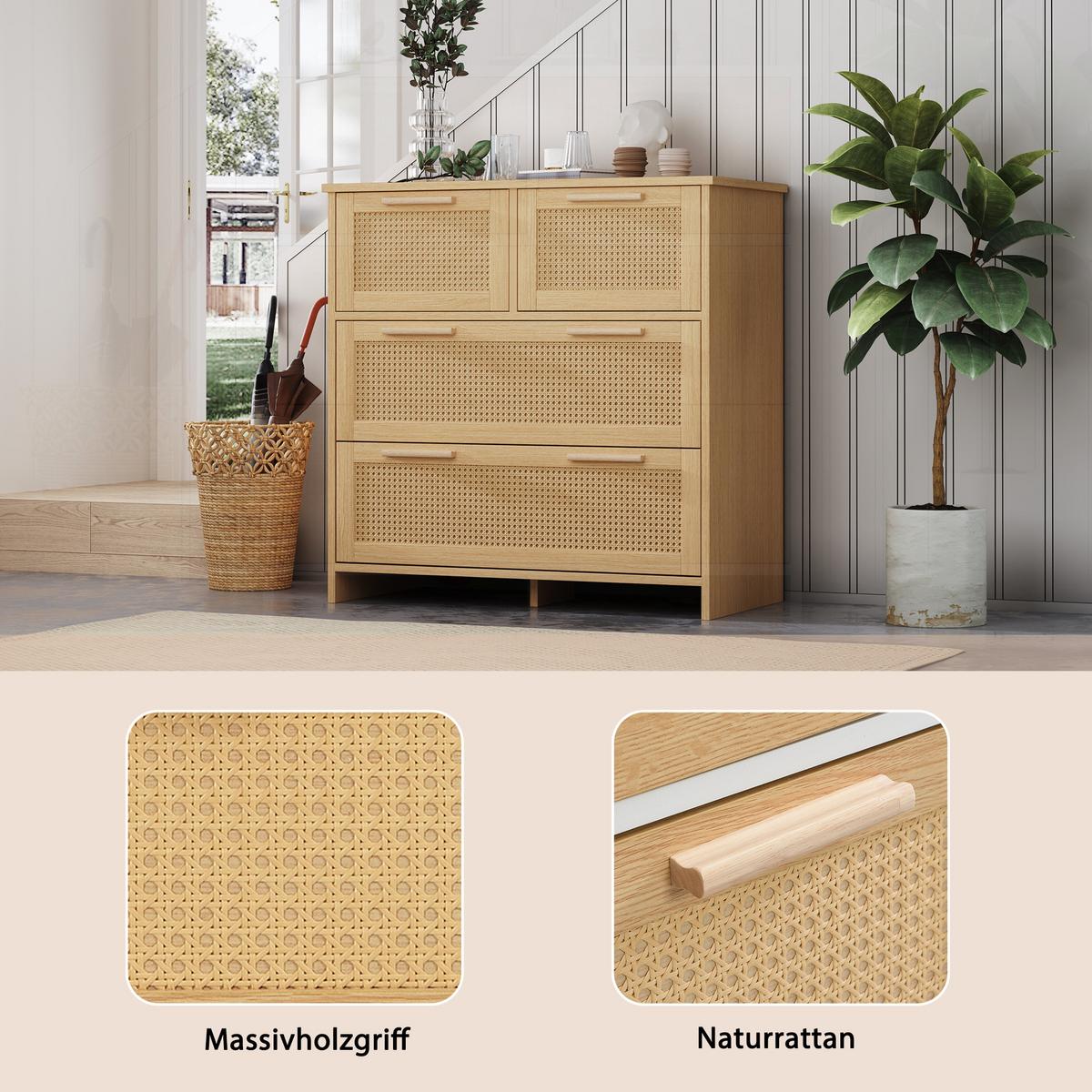 SIDEBOARD Rattan kommode mit 4 Schubladen & Massivholz Griffen - Eichefarben, Naturmaterialen/Holzwerkstoff (80/80/38cm) - Urban Meuble