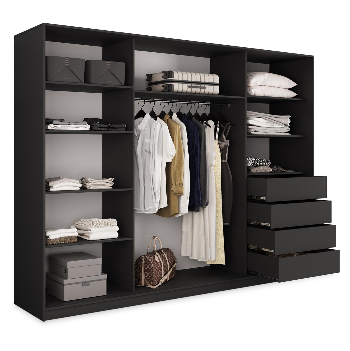 SCHWEBETÜRENSCHRANK PINA 235/205/58 cm 3-türig mit Spiegel und Schubladen Schwarz - Silberfarben/Schwarz, Holzwerkstoff (235/205/58cm) - MASSENO