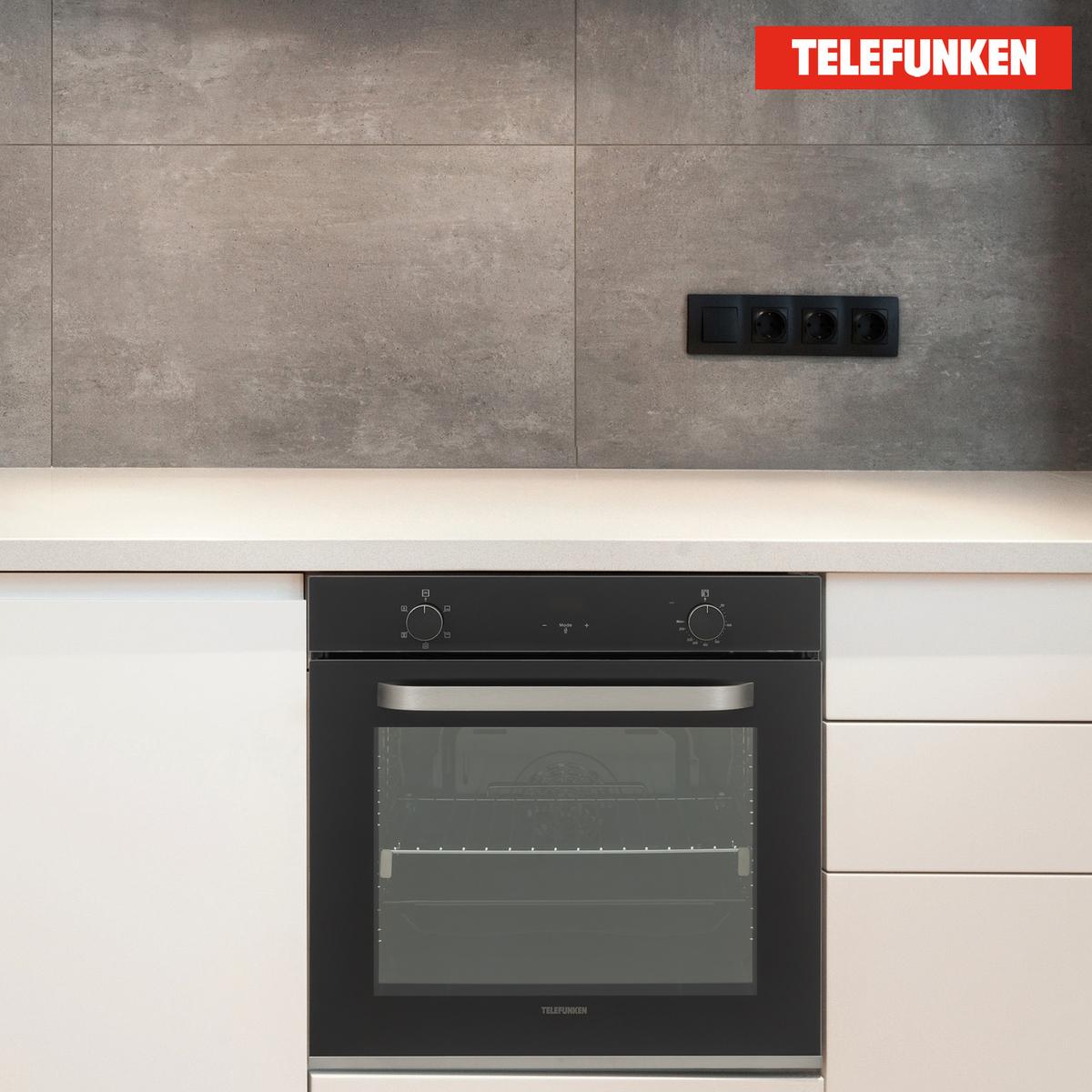EINBAUBACKOFEN autark, 78 Liter, 60 cm Backofen, Hot Air Shield, Umluft/Ober-Unterhitze, 5 Funktionen - Schwarz, Metall (59.5/59.5/55cm) - Telefunken