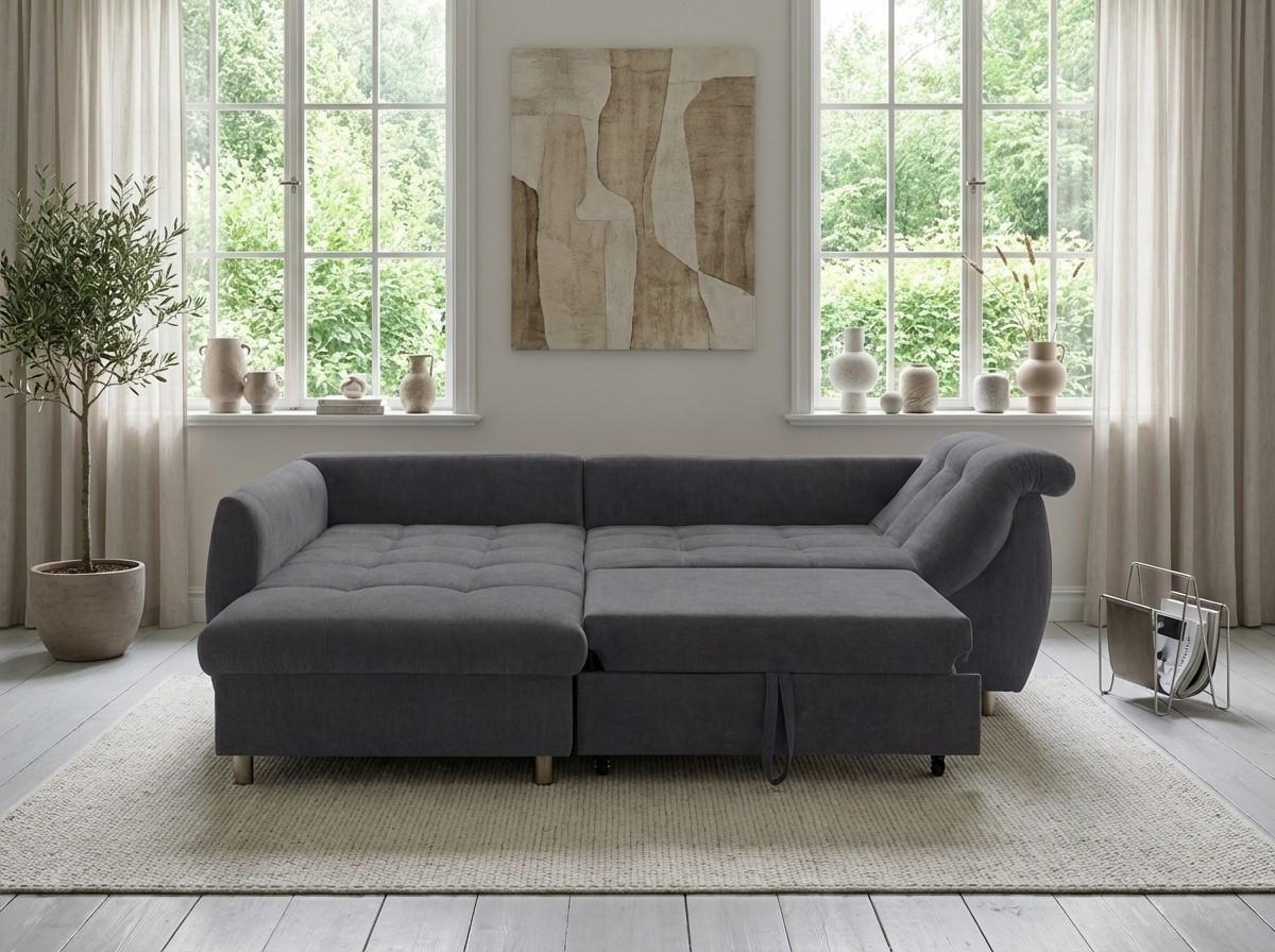 ECKSOFA mit Schlaffunktion, Wellenunterfederung, Ottomane links B250/T190/H84 cm, Liegefl. 179x190 cm, Mikrofaser Anthrazit / 17008 - Chromfarben/Anthrazit, Textil/Metall (250/190cm) - luma-home