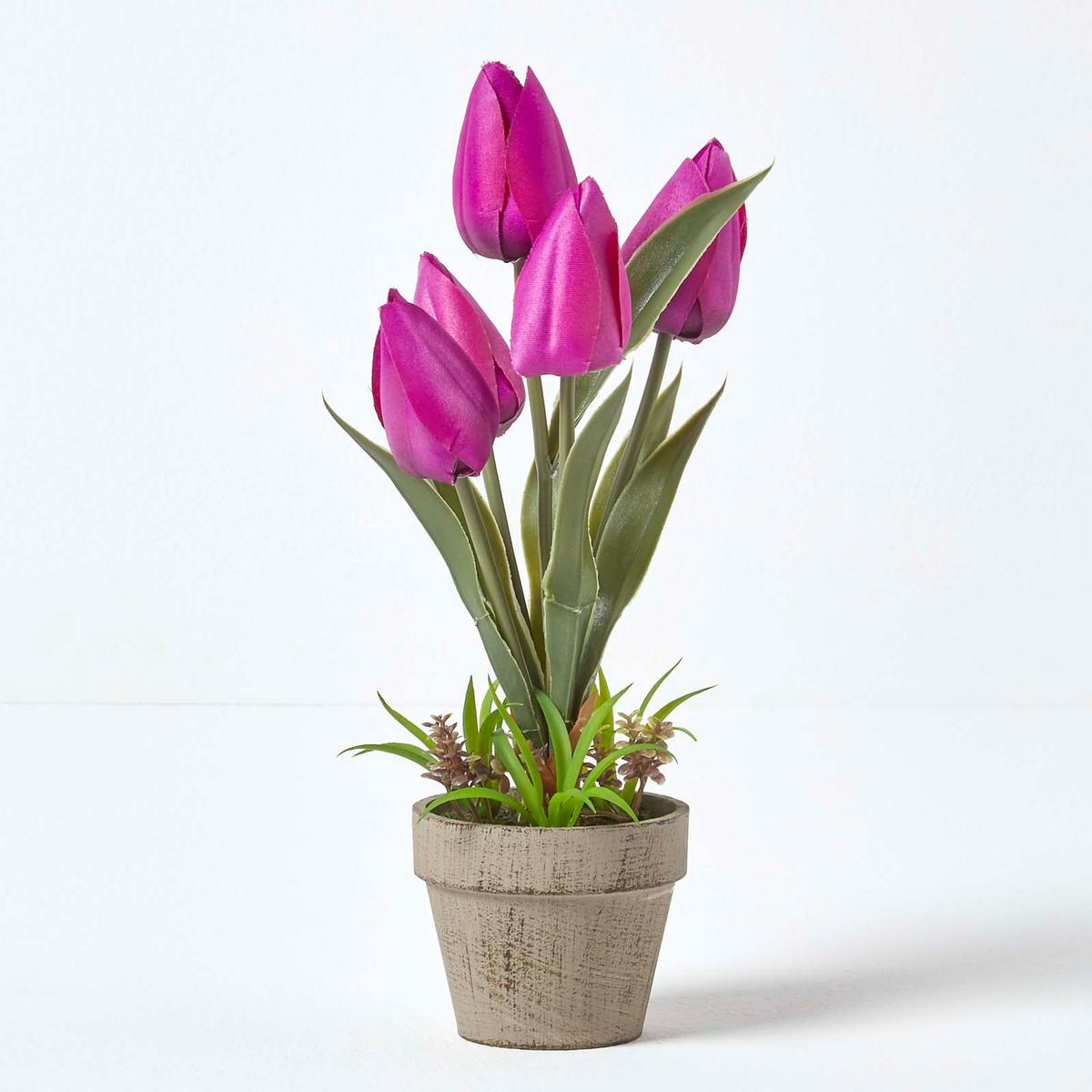 KUNSTBLUMEN Tulpen lila im Steinoptik-Topf, 27 cm - Pink, Kunststoff (27cm) - Homescapes