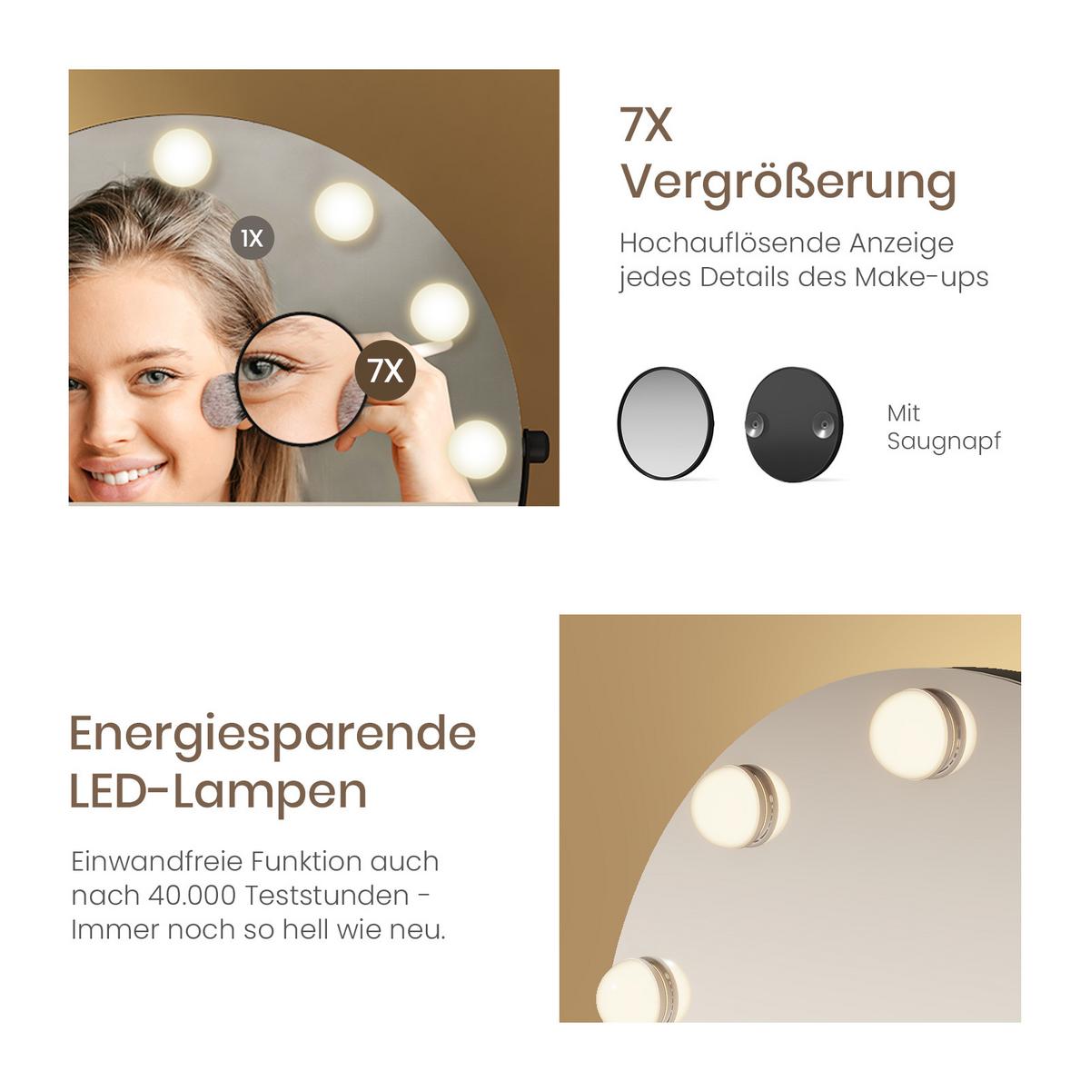 SCHMINKSPIEGEL Runder mit Beleuchtung Schwarz 58/51/2,1 cm - Schwarz, Glas/Metall (50/58/2.1cm) - EMKE