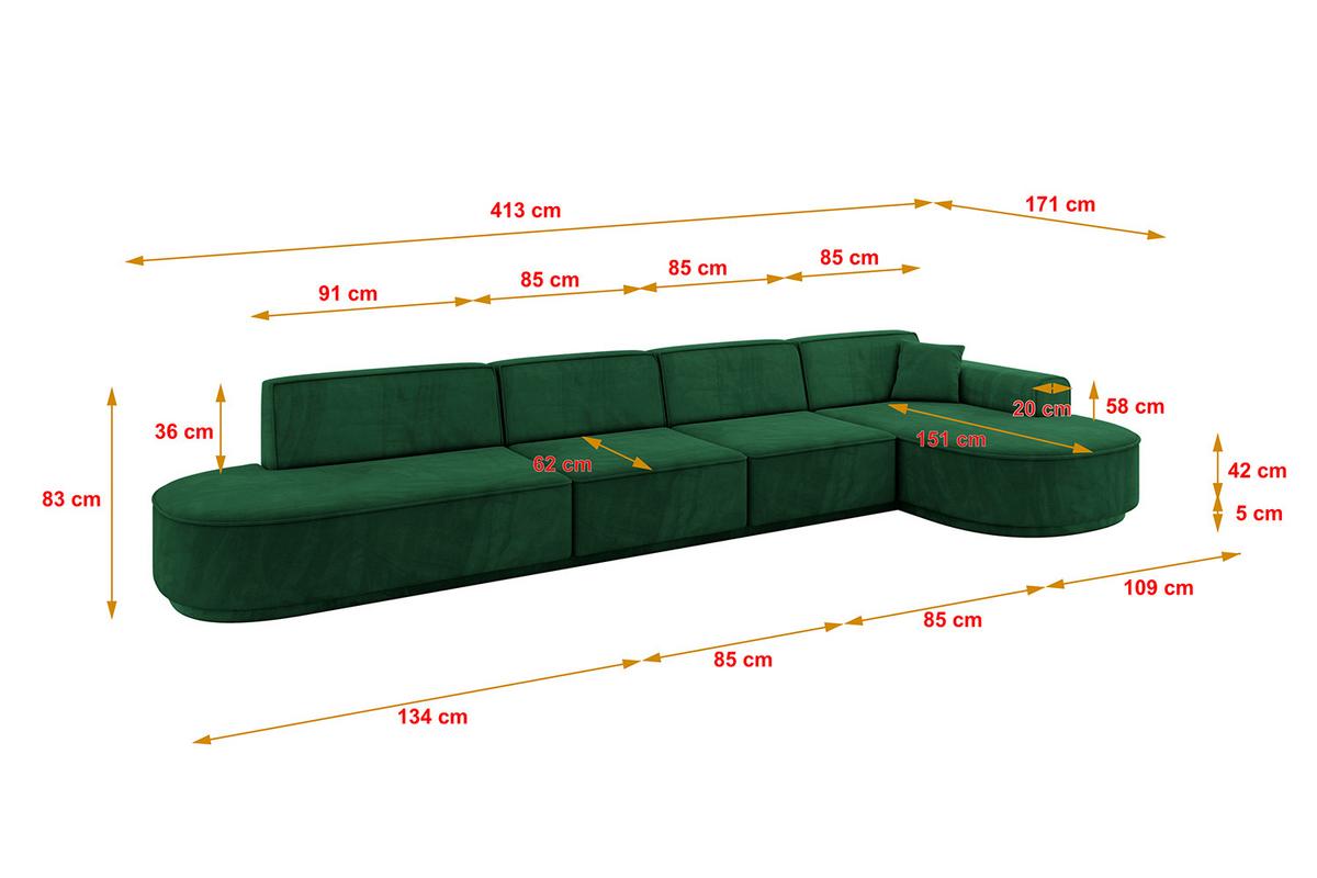 ECKSOFA Ottomane Rechts MARI-L3-v3 - 413x171x83 cm Dunkelgrün Velours - Dunkelgrün/Schwarz, Holzwerkstoff/Kunststoff (171/413cm) - ALTDECOR