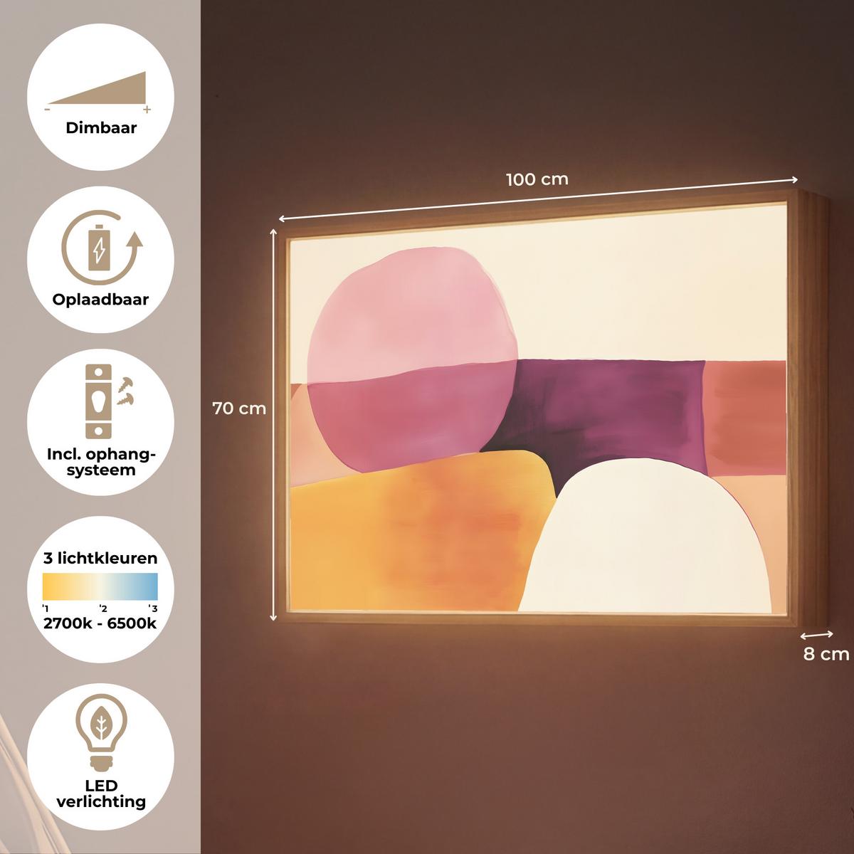 WANDLEUCHTE MIT AKKU Formen - Abstrakt - Farbenfroh 100x70 cm - Rosa, Holzwerkstoff (100/70/8cm) - OnlyWow