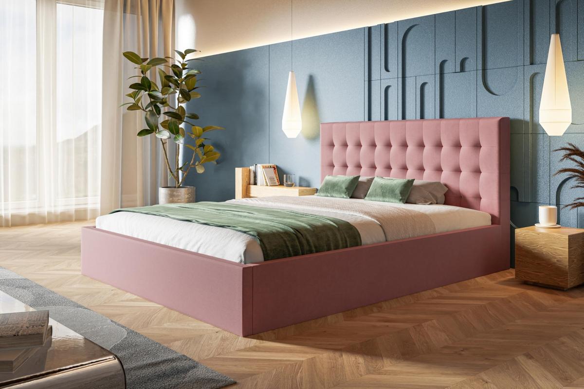 BETT 200x200 - Polsterbett mit Bettkasten und Metallrahmen - Modern Betten - Weicher Jasminstoff - Kollektion Rio, Rosa - Pink, Holz/Textil (200/200cm) - Alpi-Möbel