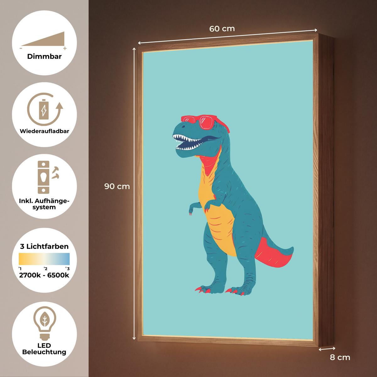 NACHTTISCHLAMPE MIT AKKU Dinosaurier - Blau - Sonnenbrille 60x90 cm - Hellblau, Holzwerkstoff (8/60/90cm) - OnlyWow