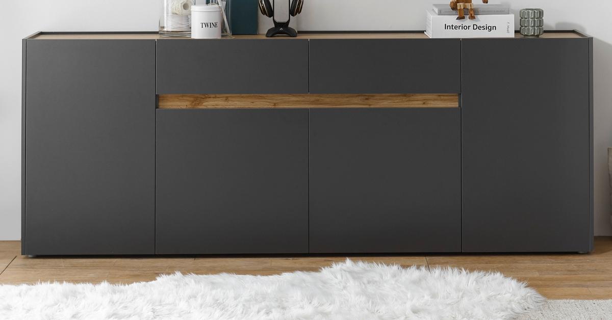 SIDEBOARD grau matt, Wotan Eiche, Kommode 220 x 87 cm mit 4 Türen und Schubladen - Anthrazit/Eiche Wotan, Holz/Holzwerkstoff (223/86/40cm) - Furn.Design