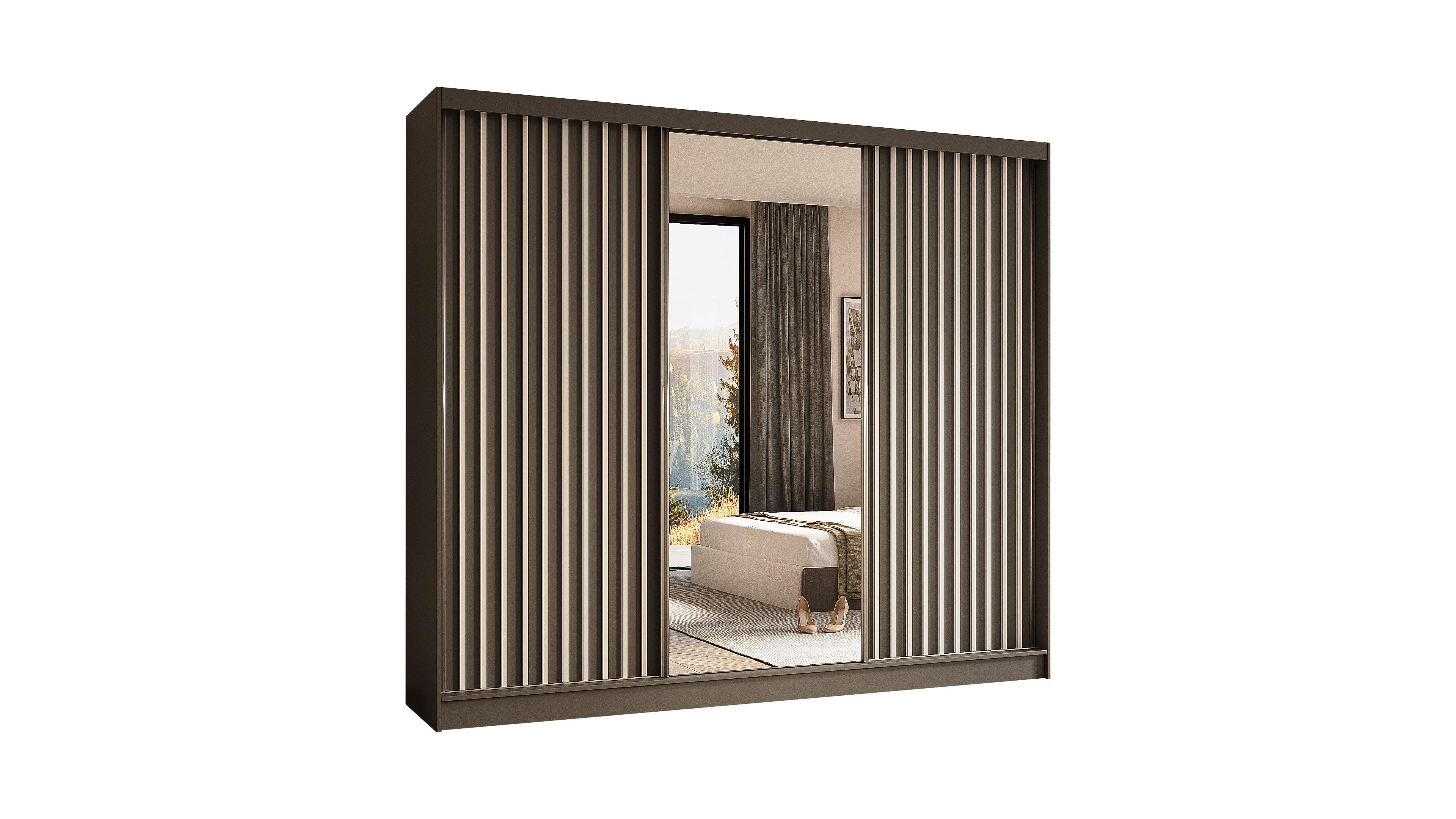 KLEIDERSCHRANK mit Spiegel-Schiebetüren und Aluminium-Leisten, LED-Beleuchtung - LAMELO - 240 cm Grau+Grau+Weiß - Weiß/Grau, Holzwerkstoff (240/216/61cm) - ALTDECOR
