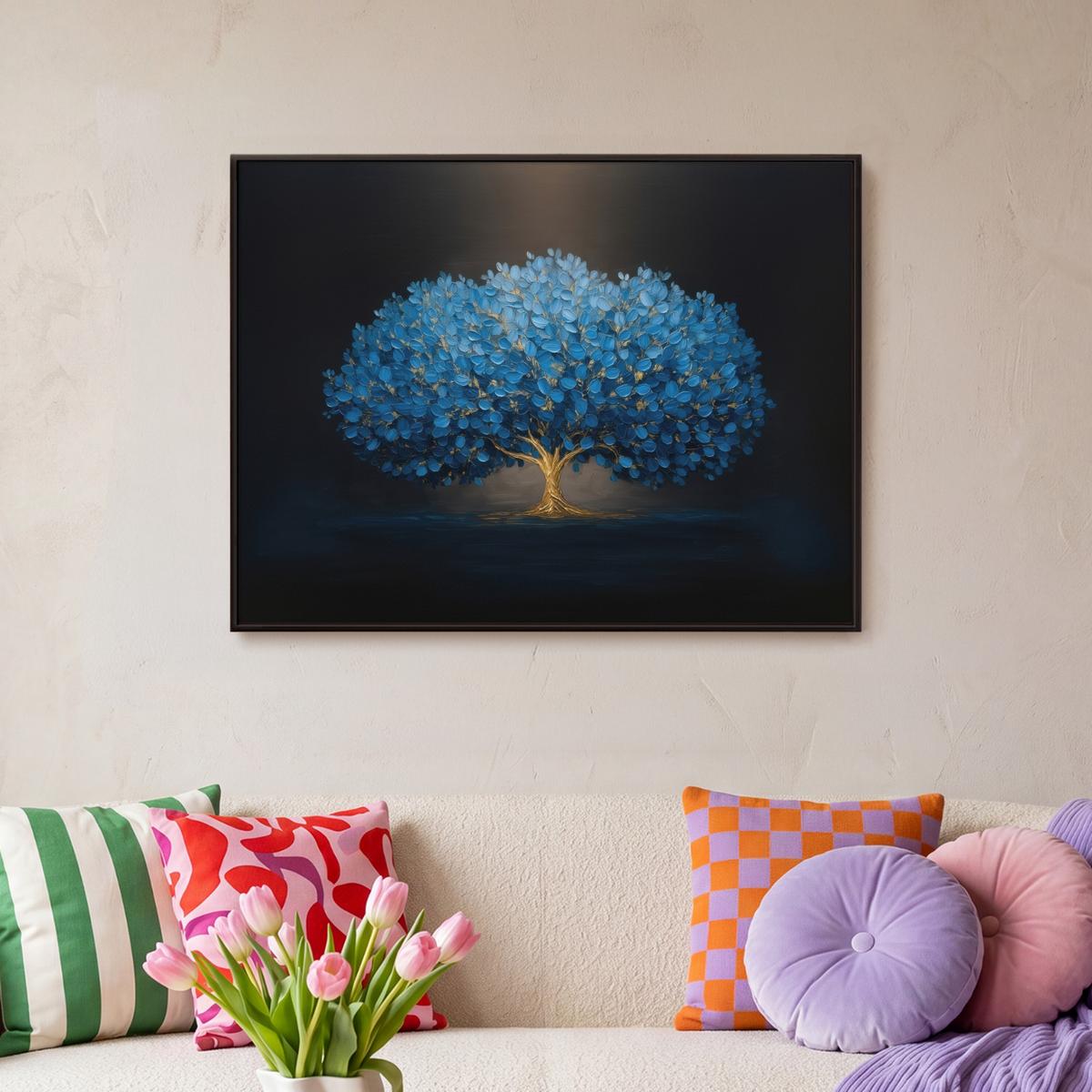 LEINWAND Bilder mit Rahmen - Baum - Blau - Blätter - Pinselstriche - 80x60 - Blau, Textil (80/60cm) - MuchoWow