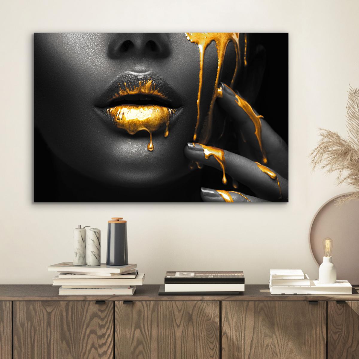 METALLBILD Frau - Schwarz - Gold - Gesicht - Lippen Wandbild 60x40 cm - Goldfarben, Metall (60/40cm) - MuchoWow