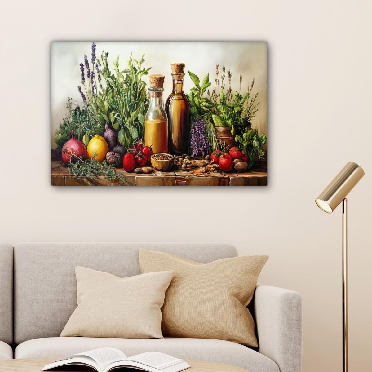 LEINWANDBILD Stilleben - Kräuter - Gewürze - Früchte - Farbenfroh Wanddeko 90x60 cm - Grün, Textil (90/60cm) - MuchoWow
