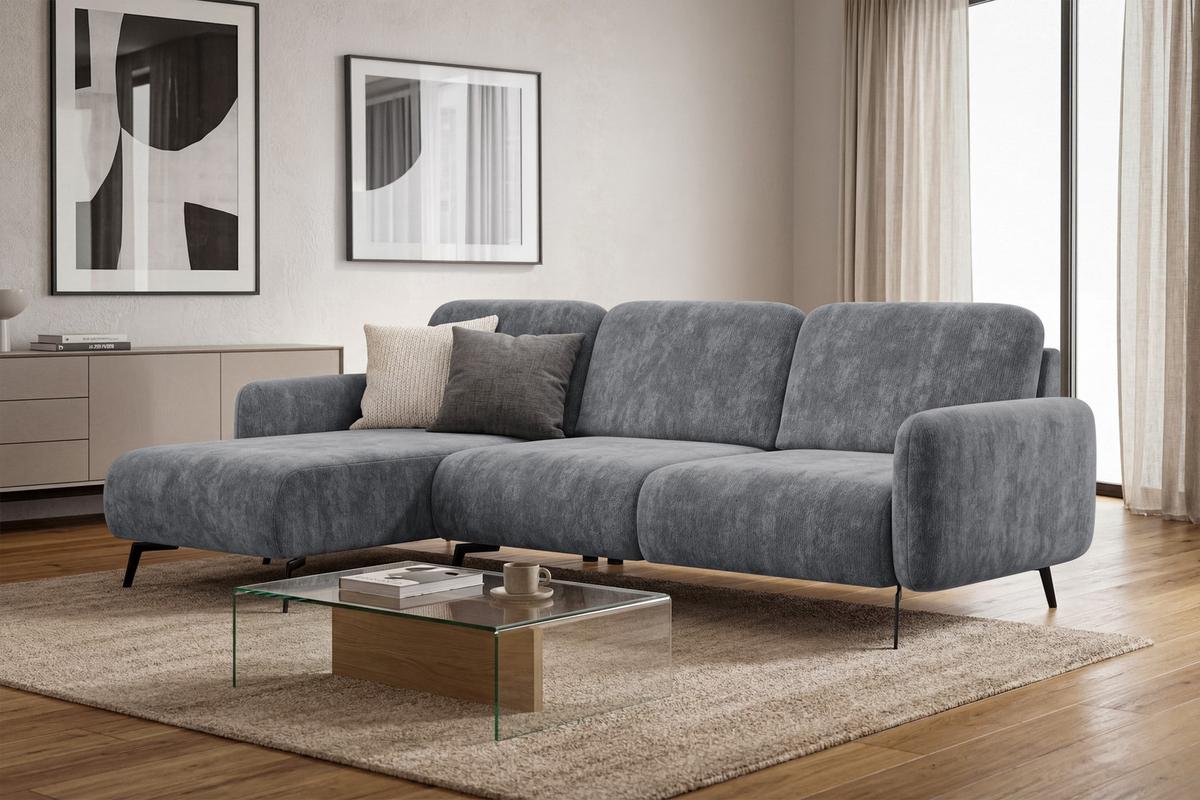 ECKSOFA FEBE 4-Sitzer LINKS, grauer Chenille-Stoff - Schwarz/Grau, Holz/Textil (264/157cm) - Wozimo