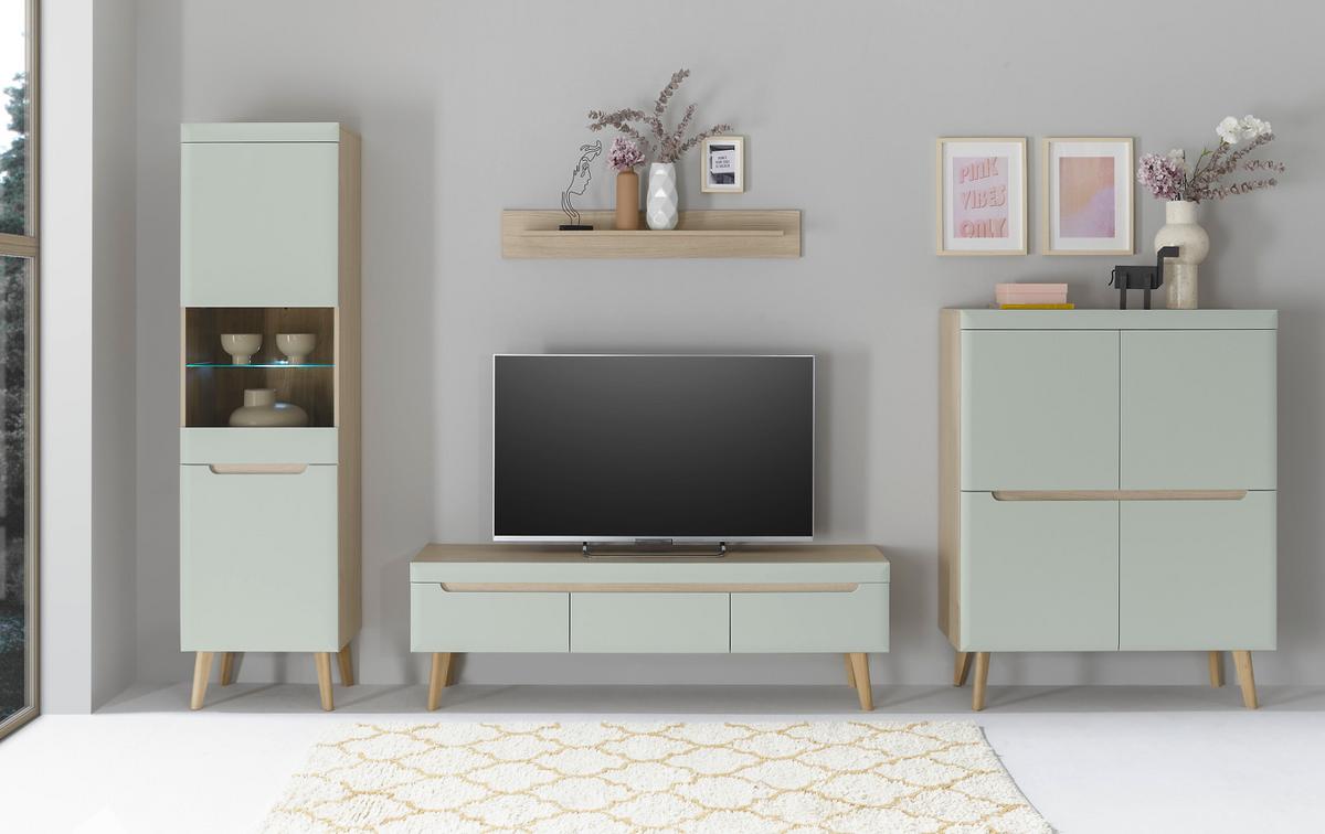 VITRINE Pistazie grün, Eiche, skandinavisch 53 x 197 cm, Standvitrine mit Soft-Close-Funktion - Eichefarben/Pastellgrün, Glas/Eichenholz (53/197/40cm) - Furn.Design