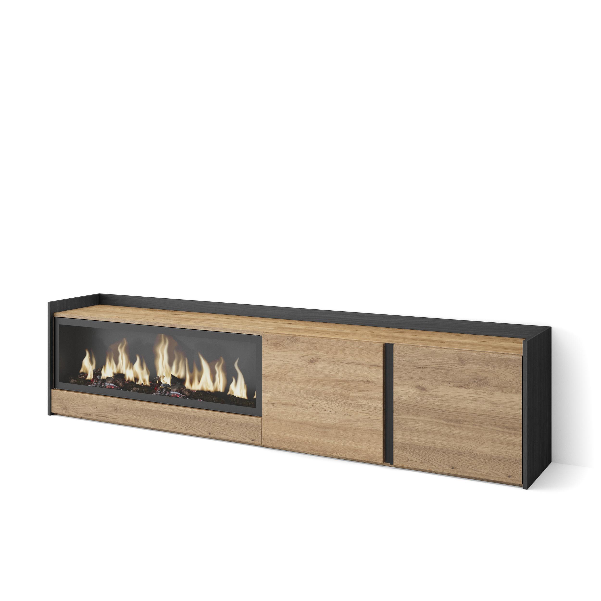LOWBOARD, Eiche und Schwarz, 212/35/50cm, Kamin mit Feuereffekt XXL - Eichefarben, Holzwerkstoff (212/50/35cm) - Skraut Home