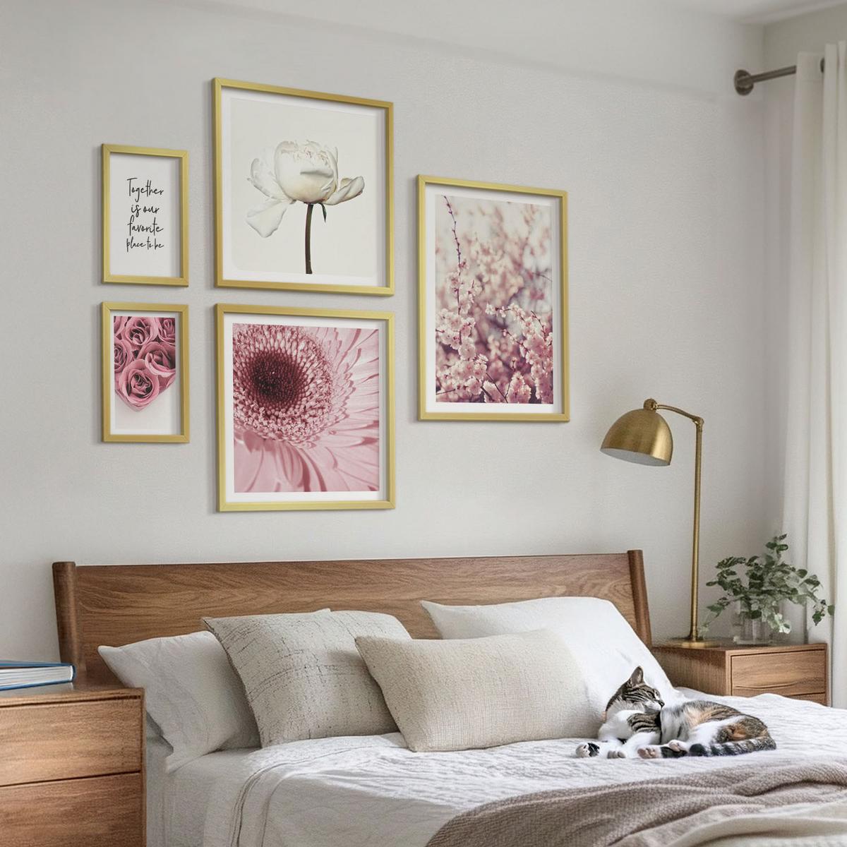 BILDER SET 5er Set - 50x50 cm & 20x30 cm & 40x60 cm Goldrahmen - Blumensträuße mit Rosen, Hausinschrift - Goldfarben, Kunststoff (40/60cm) - TULUP